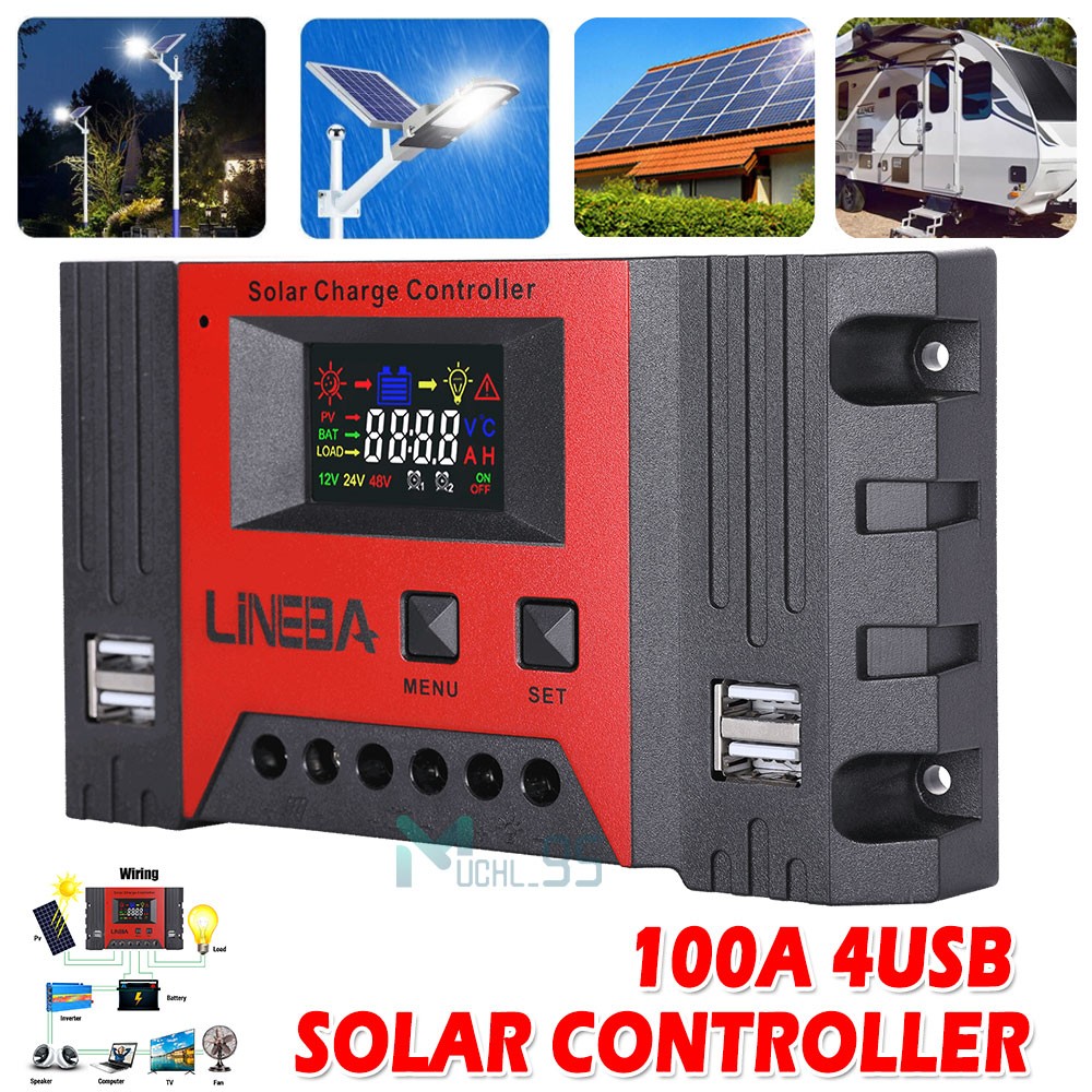 30A Solar Charge Controller 100A PWM Regulator for 12V 24V with 4 USB Ports