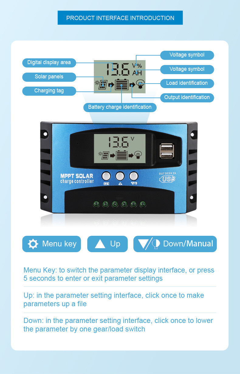 30A 40A 50A 60A 100A Solar Panel Charge Controller 12V 24V LCD Regulator Kit USB