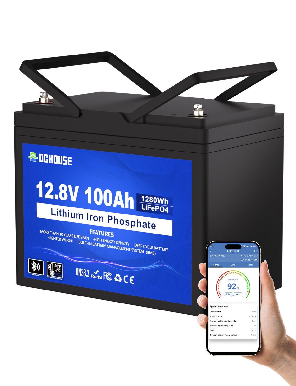 DC HOUSE 12V 100AH Lithium LiFePO4 Battery + BlueTooth + Low Temp Protection