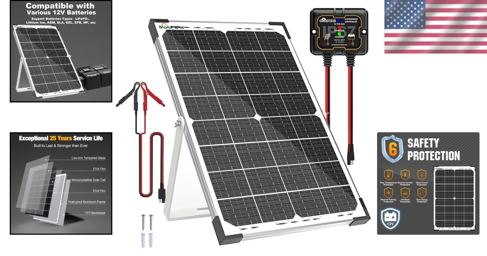30W Waterproof Solar Battery Charger with 10A MPPT Controller & Adjustable Mount