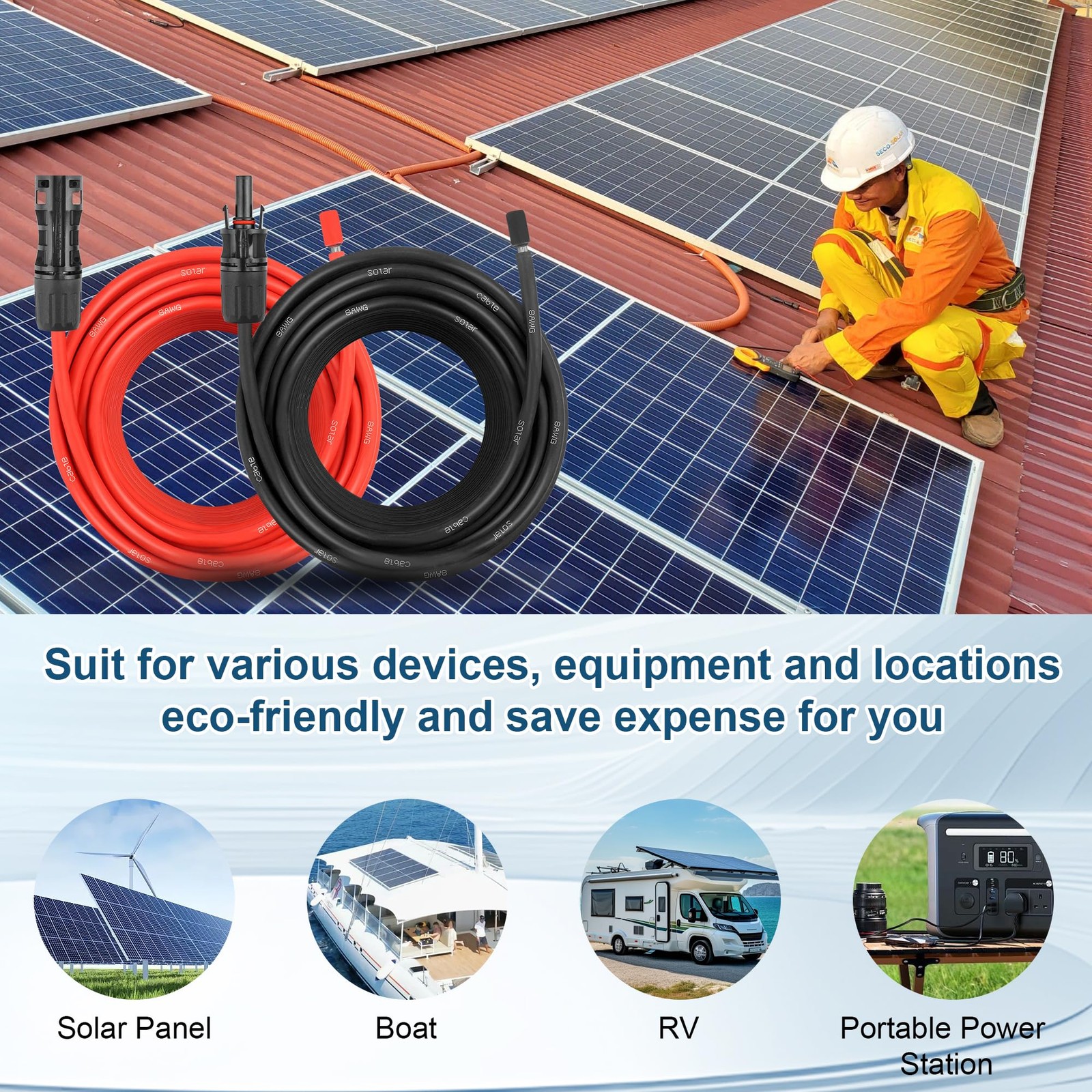 30 FEET 8AWG Solar Panel Extension Cable,8 30FT-8AWG, Red and Black-8AWG
