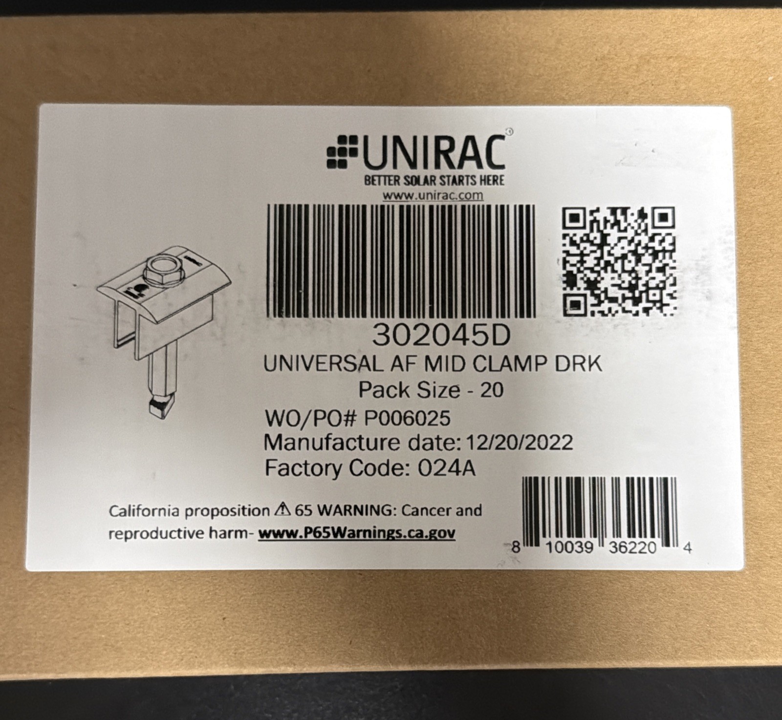 NEW Box of 20 Unirac Solar Universal AF Mid Clamps Array Panel Rail Rack 302045D