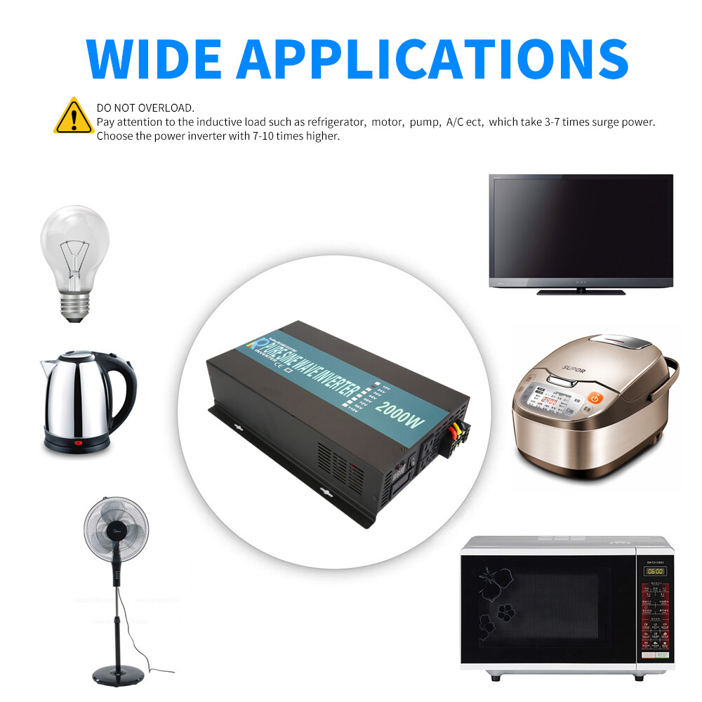 2000W Power Inverter Pure Sine Wave Inverter 24V 110V 120V Car Truck Boat Solar
