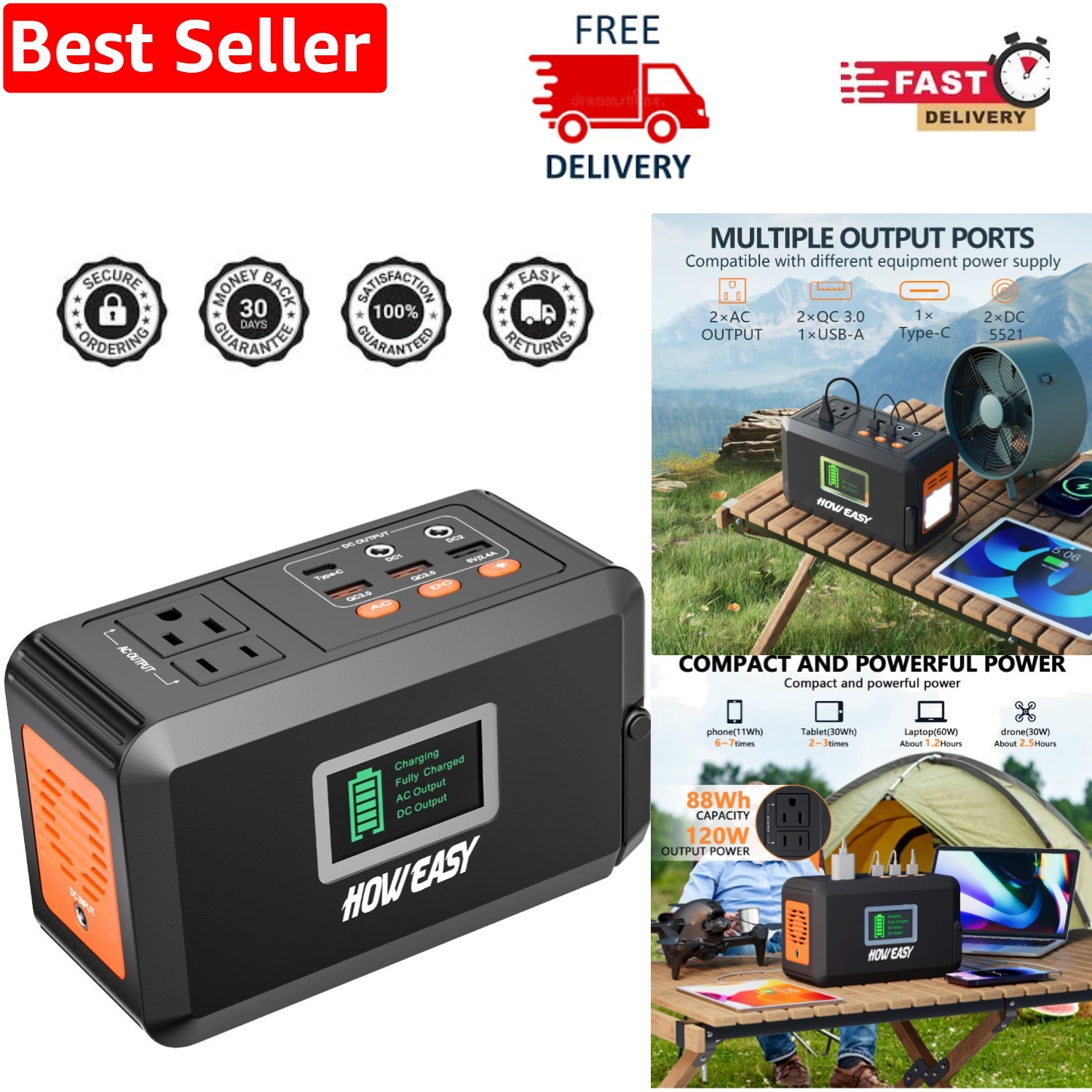 120W Portable Power Station – 88Wh Lithium Battery Generator for Outdoor Use