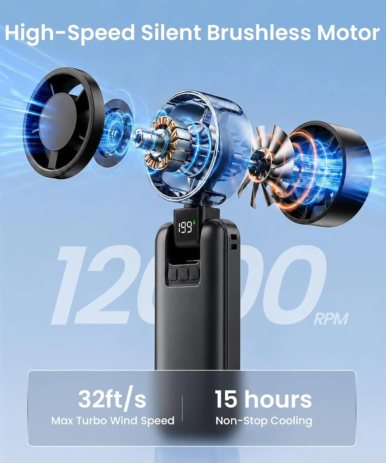 2 Pack Portable Mini Handheld Fan, 199-Level Stepless Speed,Black | 4000mAh Rech