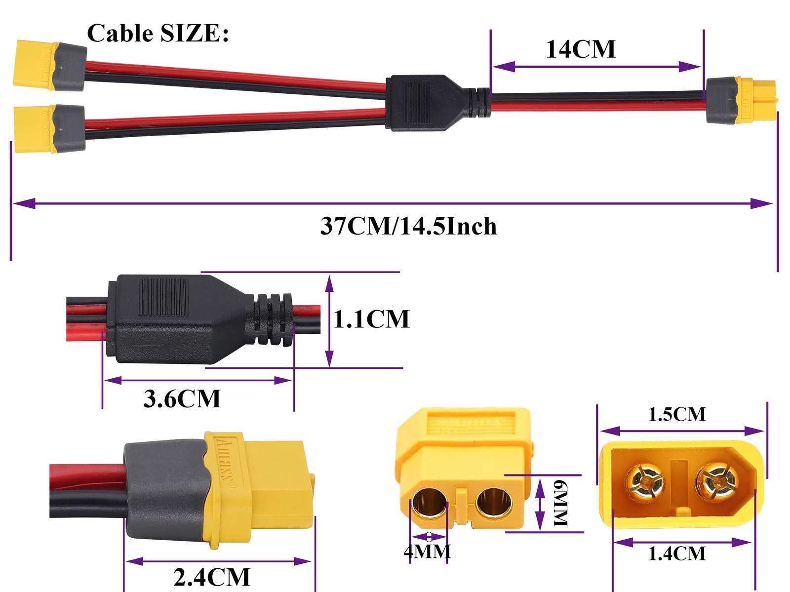 XT60 Y Splitter Cable, 1 Female to 2 Male Connector Adapter, 14AWG XT60 Exten…
