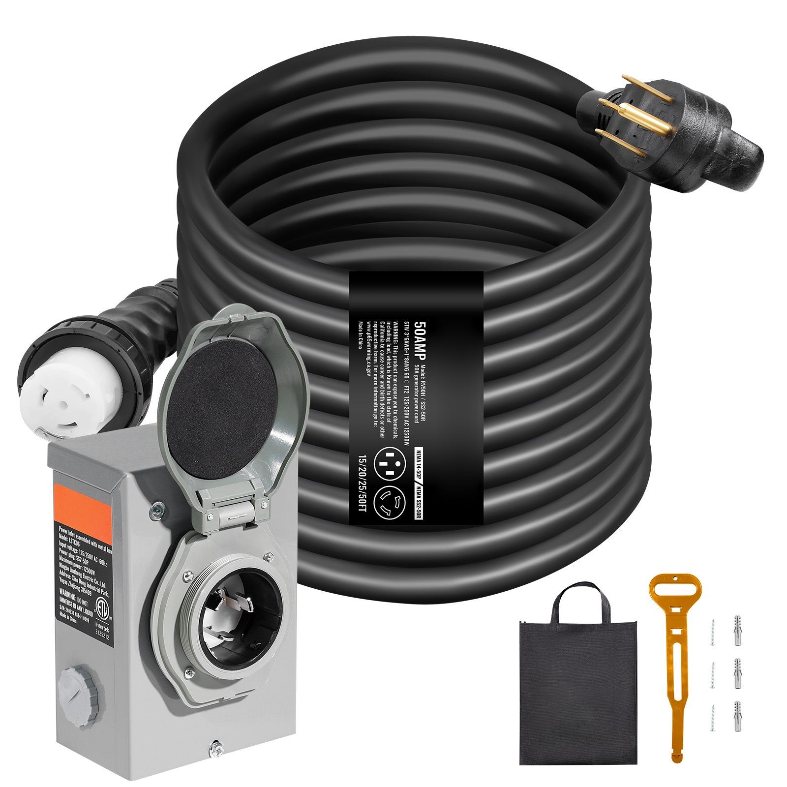 50 Amp Generator Cord and Power Inlet Box Kit, 50FT, NEMA 14 – 50P/ SS2 – 50R