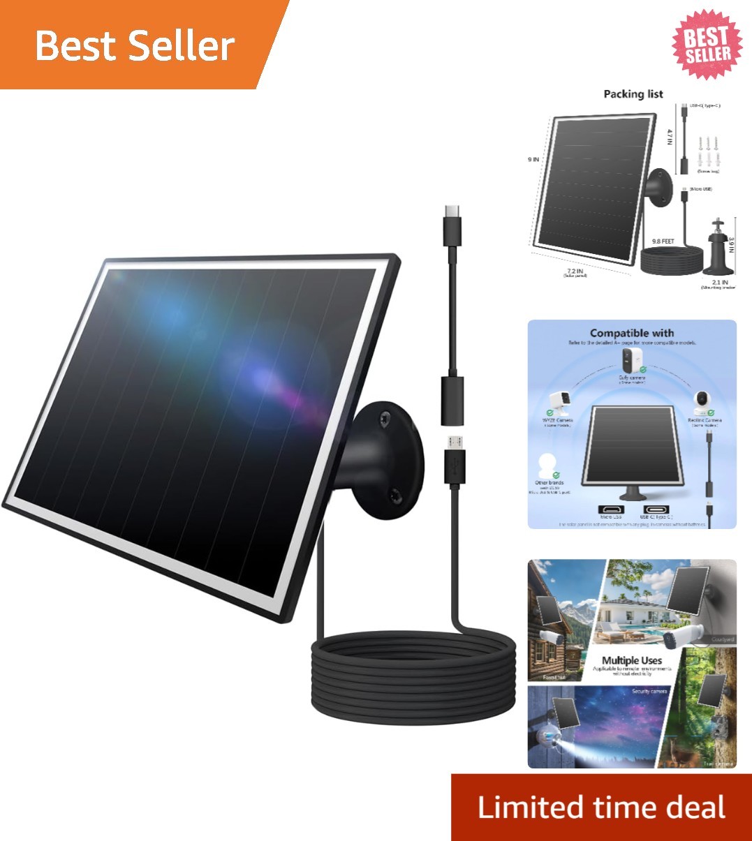 360° Adjustable 8W Solar Panel for Eufy, Wyze, Reolink – Fast & Weatherproof