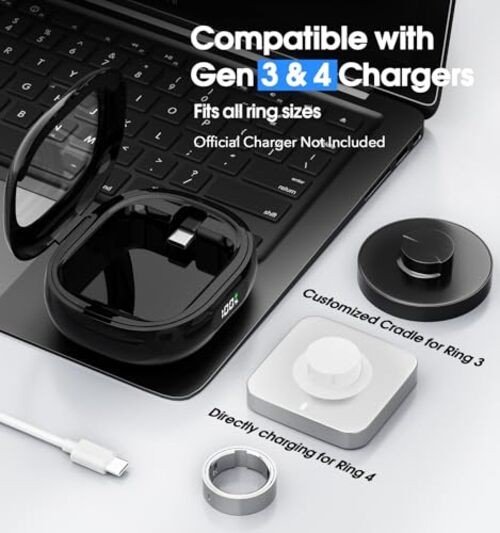Charging Case for Oura Ring Gen 4 & 3 Charger, 2000mAh Portable Travel Black