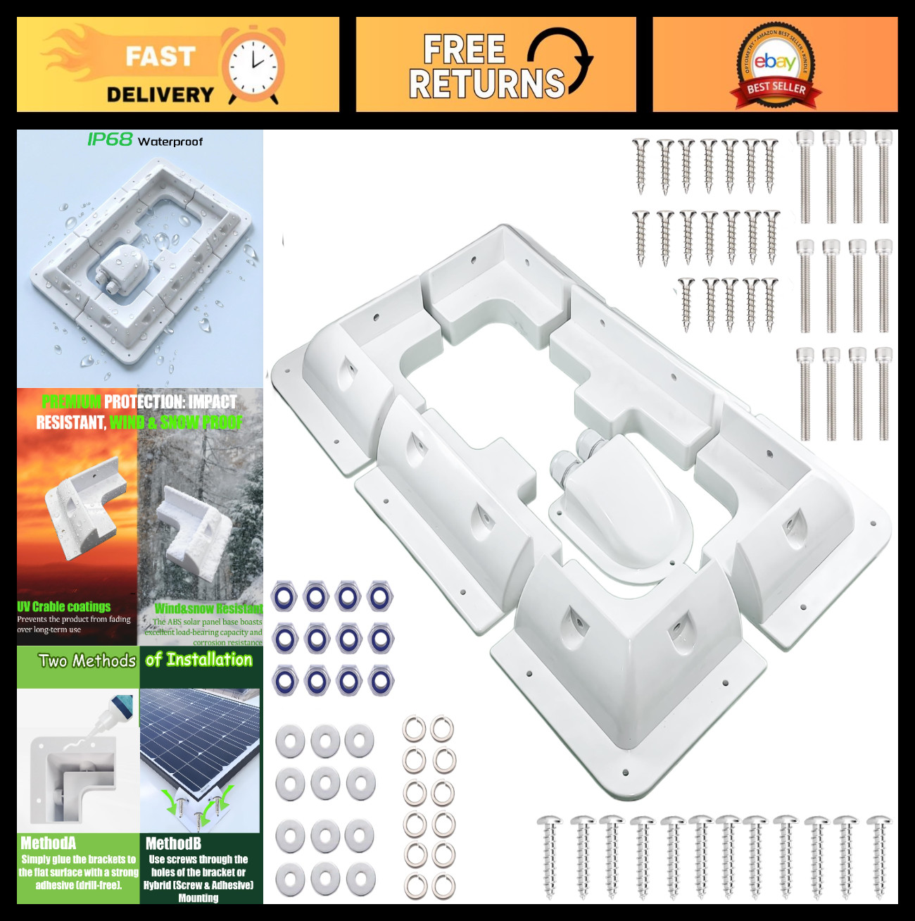 7PCS Solar Panel Mounting Brackets Kit – Drill-Free ABS Corner Mount for RVs, Bo