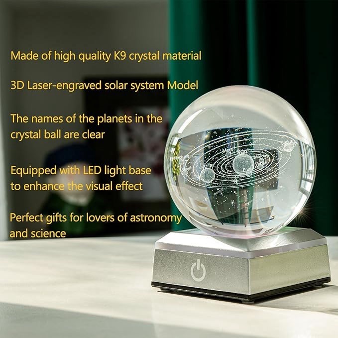 3D Solar System Crystal Ball 3.15” with LED Light Base – Educational Night Light