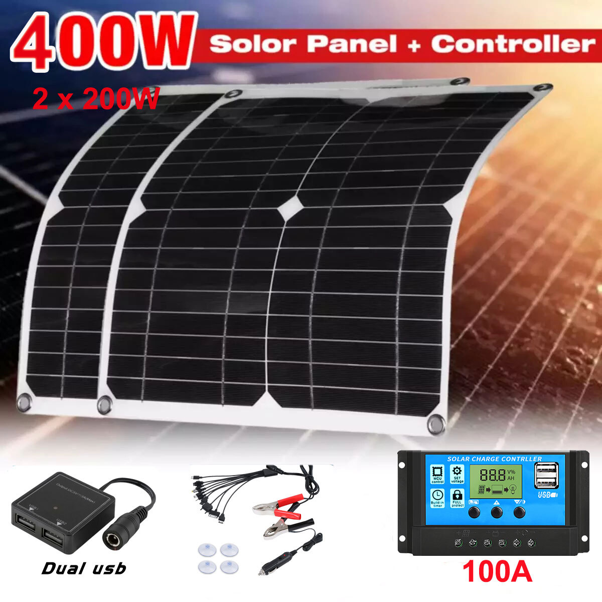 200W Watts Solar Panel Kit 12V Battery Charger with 100A Controller Caravan Boat
