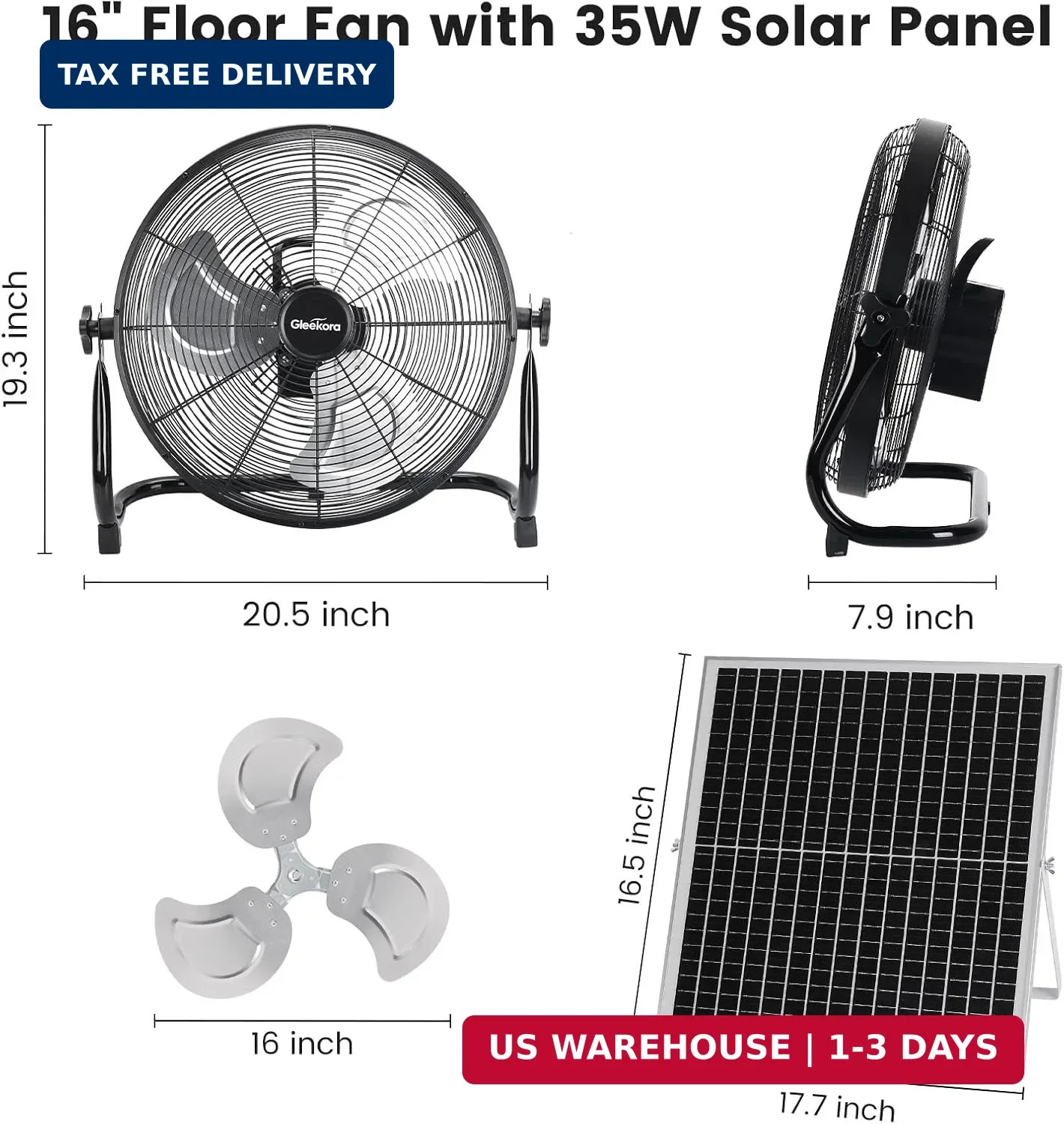 16” Solar Powered Fan with 35W Solar Panel, Rechargeable Battery Operated Floor