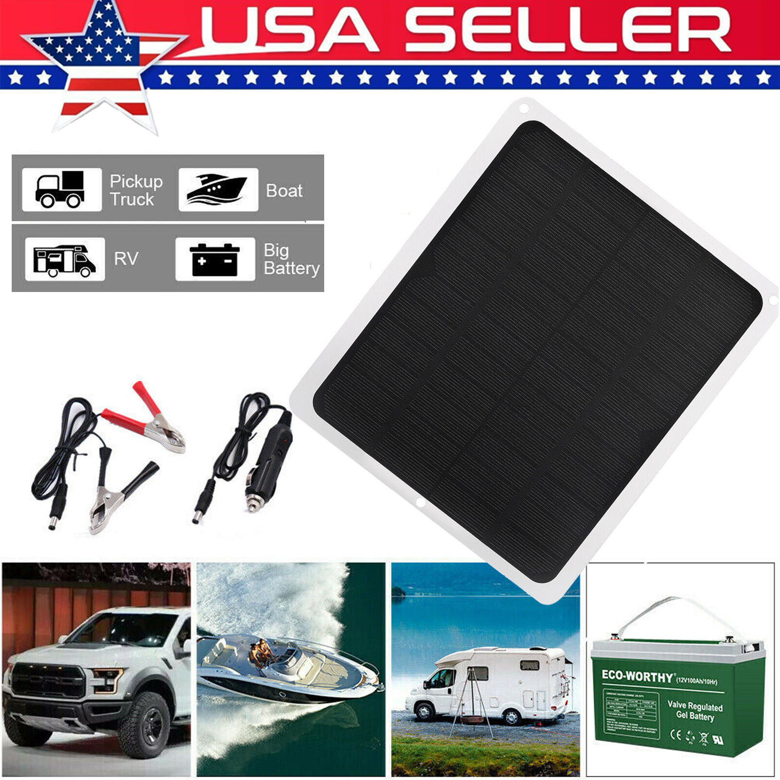 22W Solar Panel Kit 12V Trickle Charge Battery Charger Maintainer Marine RV Car