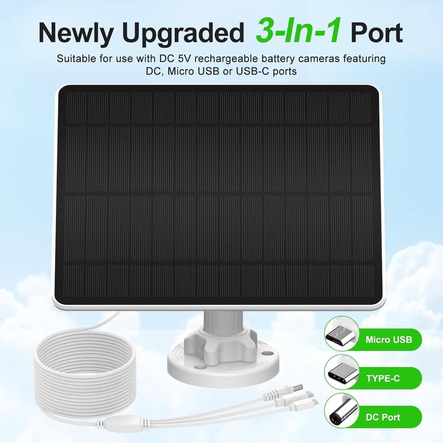 Solar Panel Charger for Security Camera, Type-C Plug, 9.8Ft Long Cable, Water