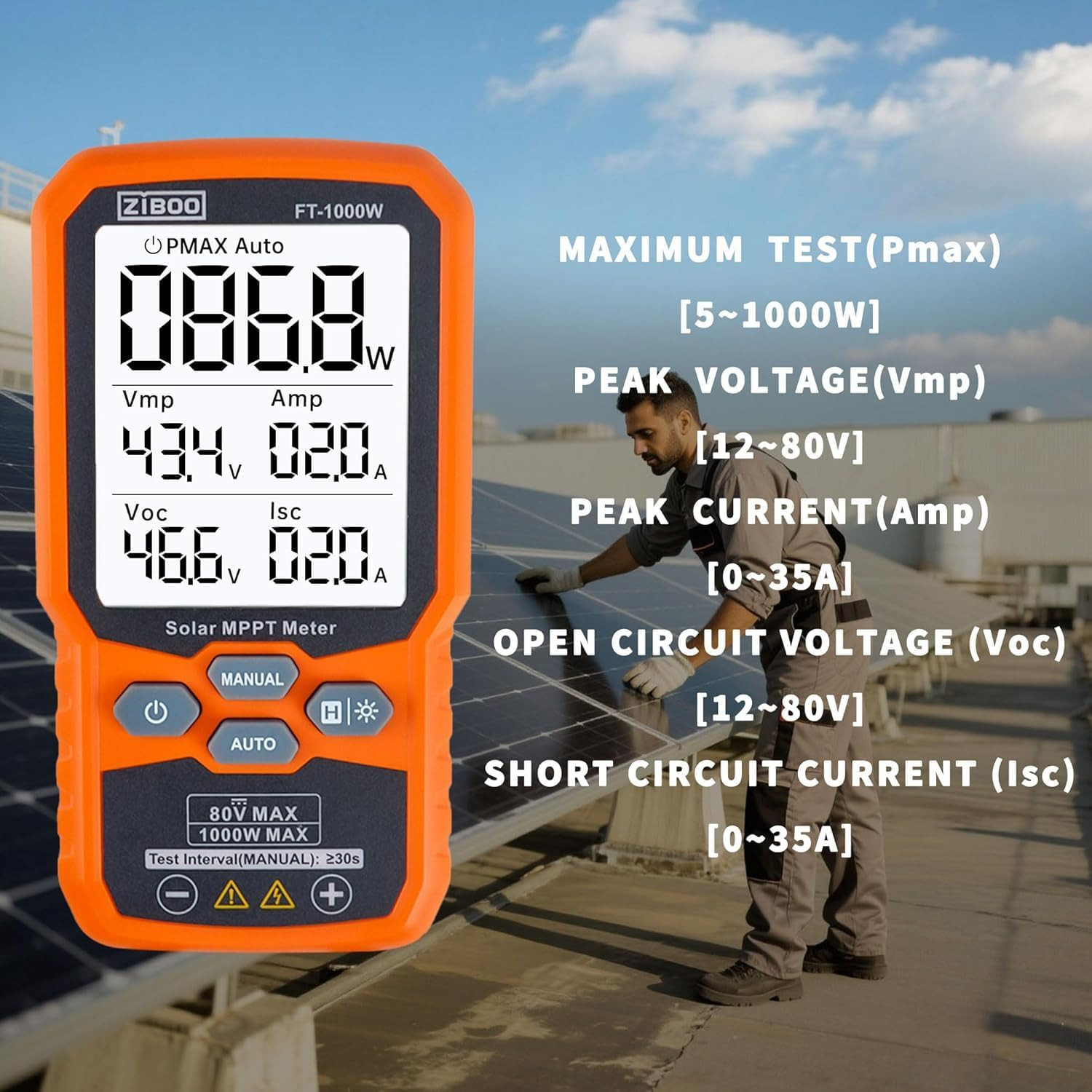 ZIBOO FT-1000W Solar Panel Tester MPPT Meter – 1000W Max Power, 80V/35A PV