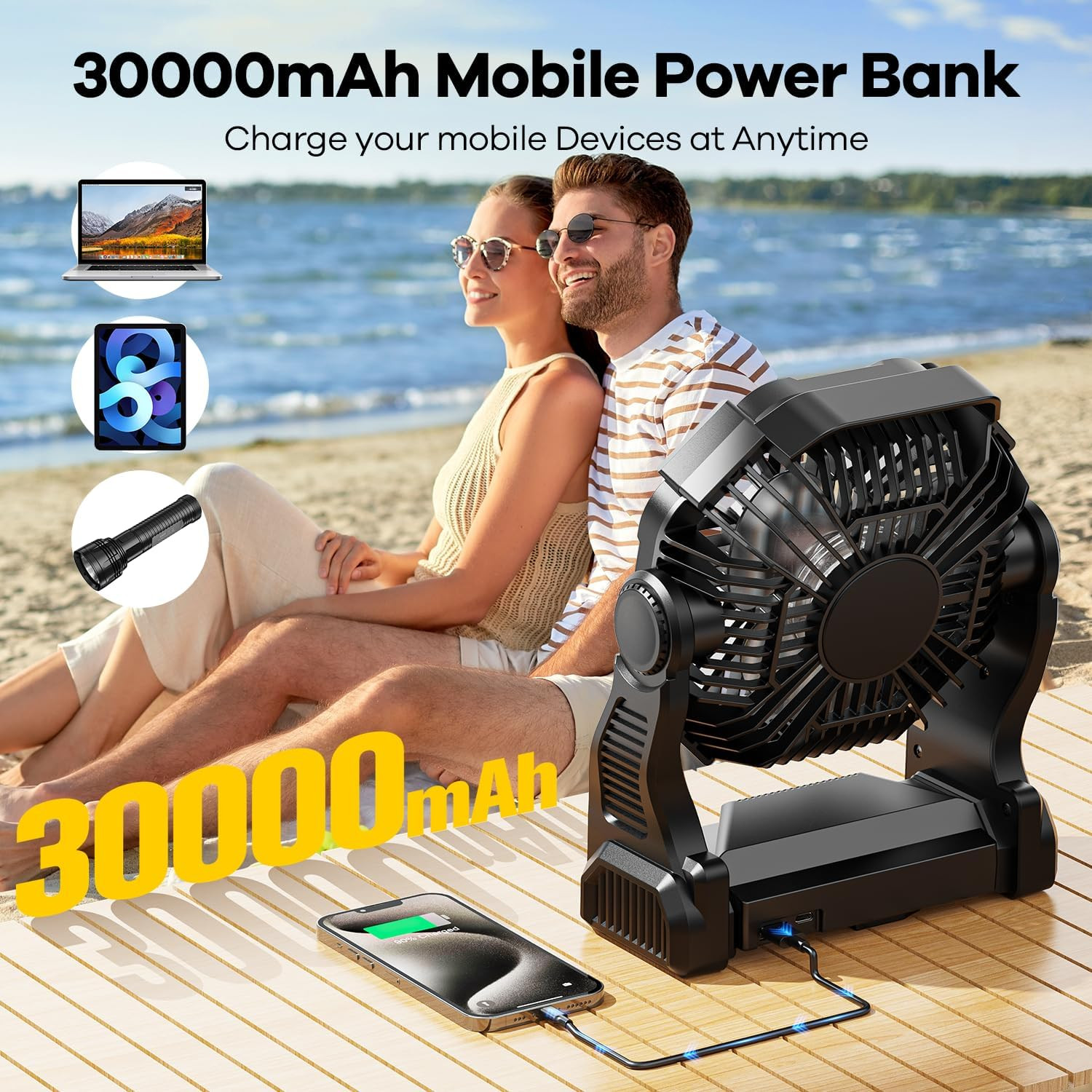 30000Mah Solar Fan with LED Lantern, 10W Solar Panel Rechargeable Battery Powere