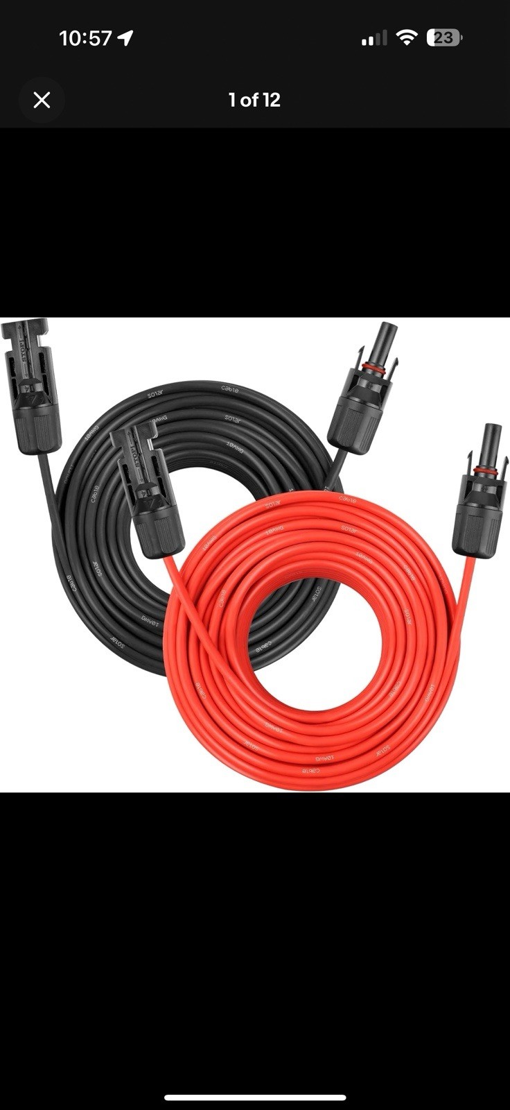 10 AWG Solar Panel Extension Cable PV Wire Solar Connector Pair Black & Red 20ft