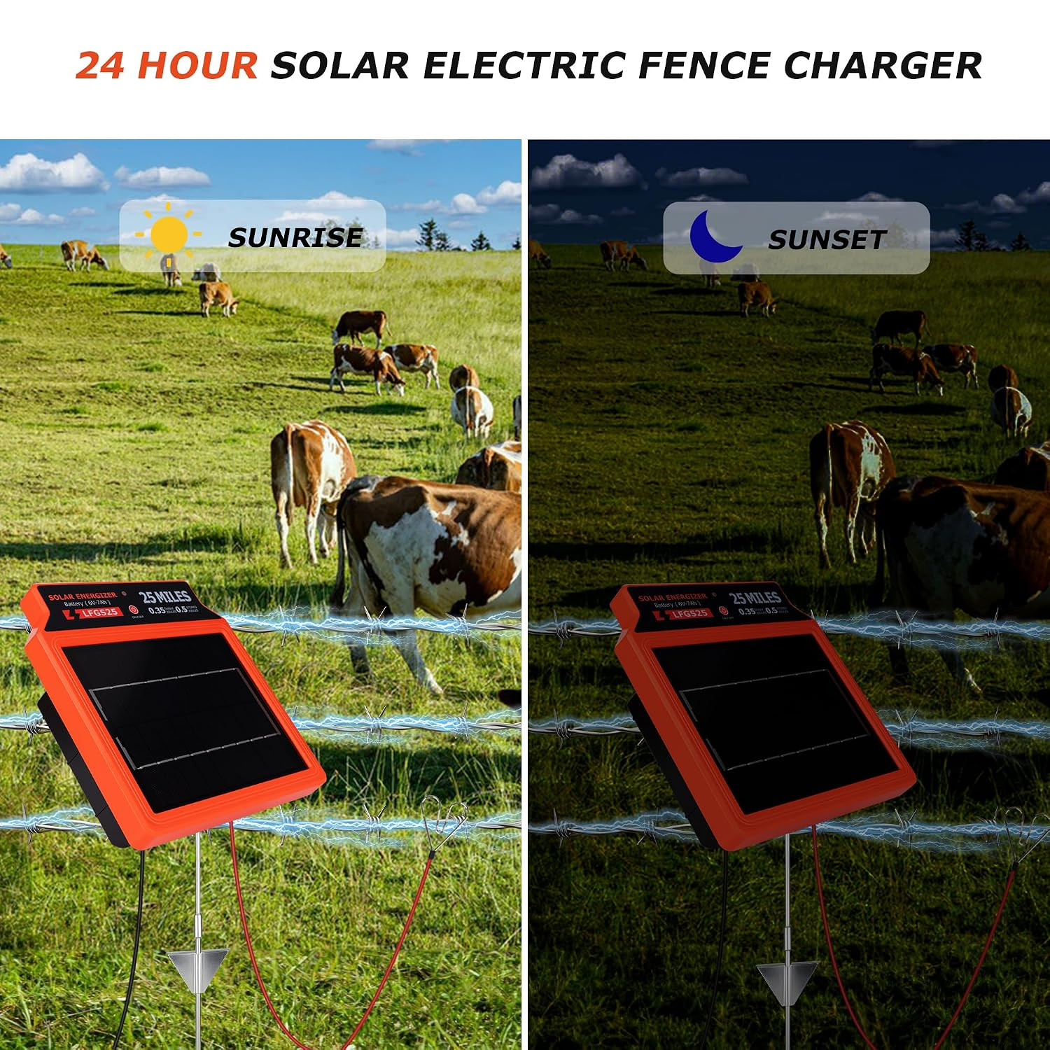 LFGS25 Solar Electric Fence Charger, 25 Miles Solar Charger,0.5J Portable Powere