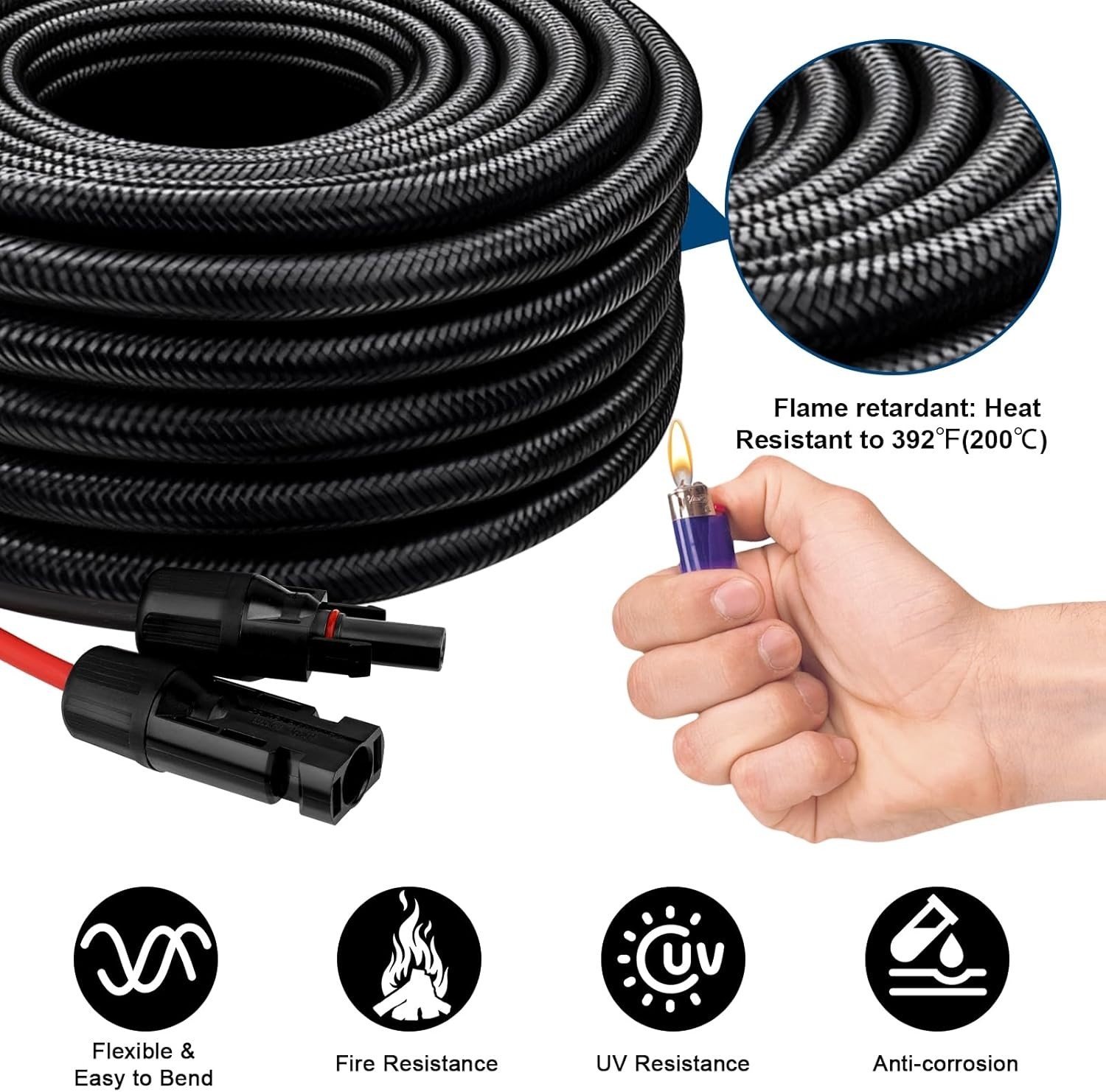 10AWG 50FT Waterproof Solar Panel Extension Cable with Flame Retardant Sleeving