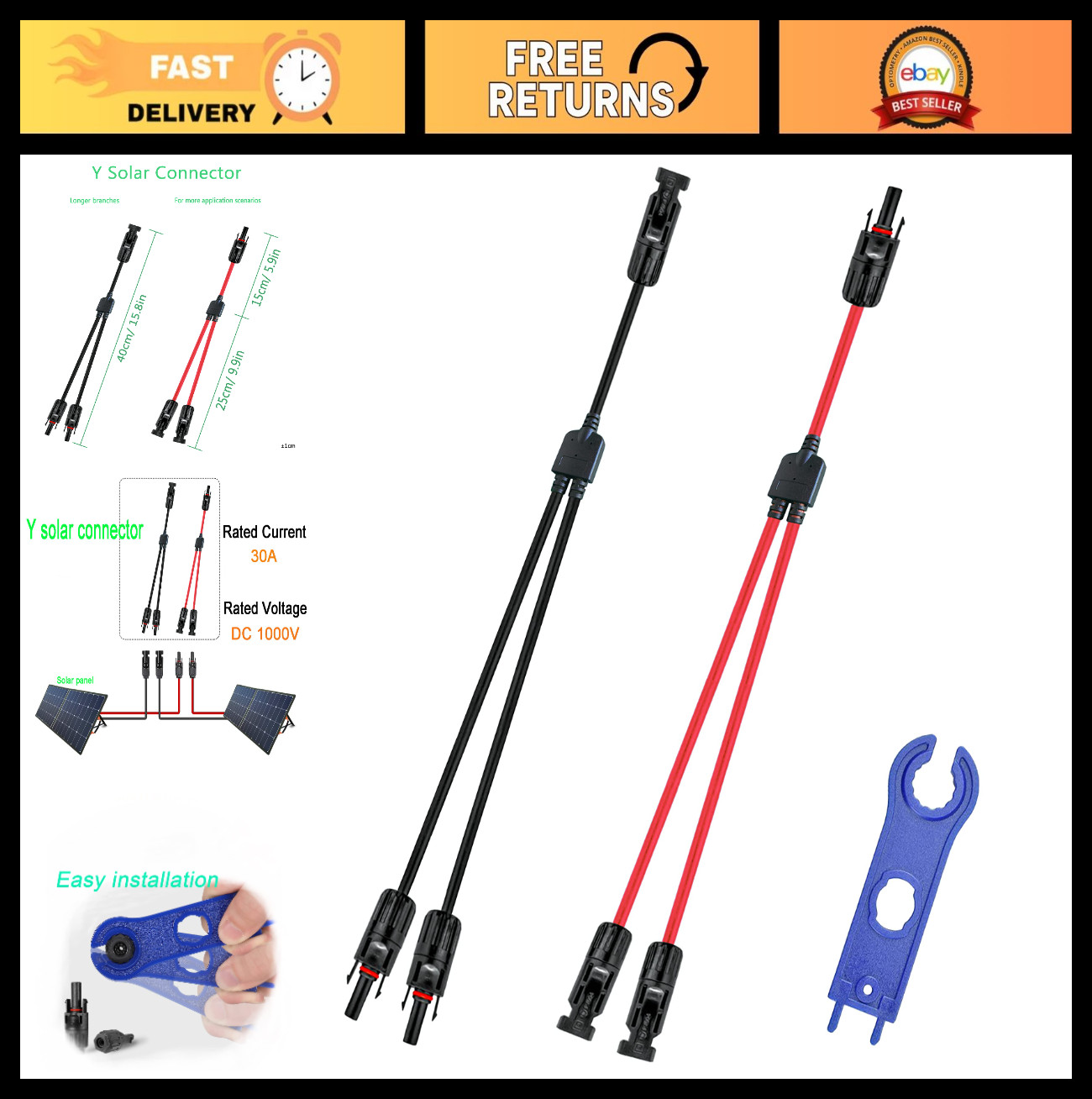 Solar Y Branch Connector Adapter 1 to 2 | 10AWG 45A Waterproof Cable for Solar P