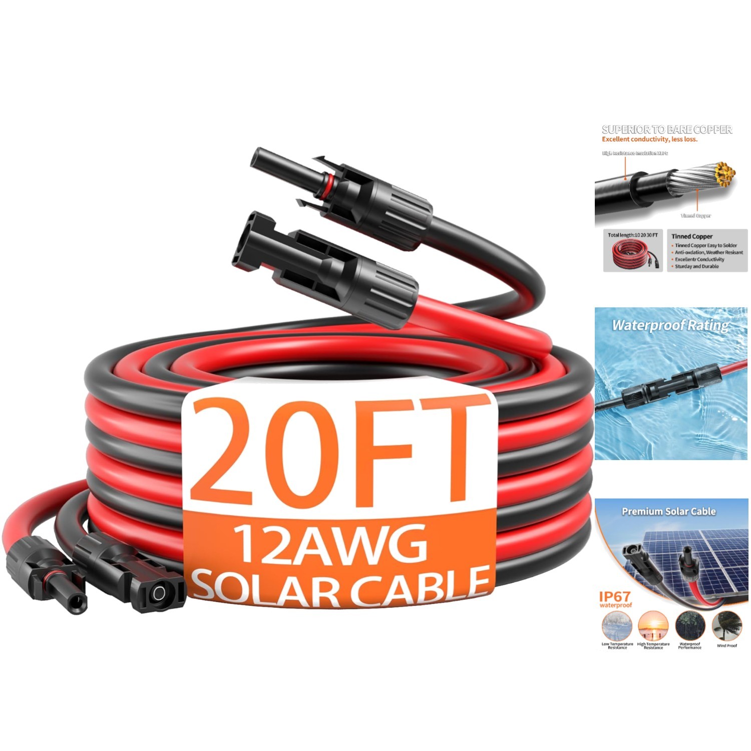 Tinned Copper 12AWG Solar Cable – 20FT Red & Black Pair for Enhanced Efficiency