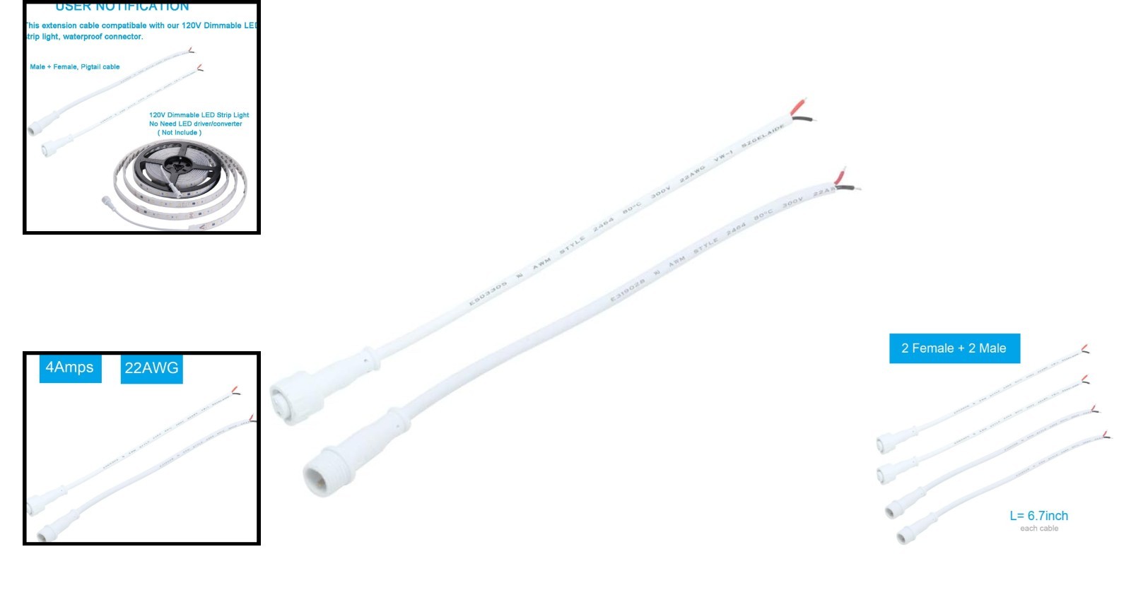 Durable 6.7-Inch Waterproof 2 Pin Male-Female Connector Cable for DIY Projects