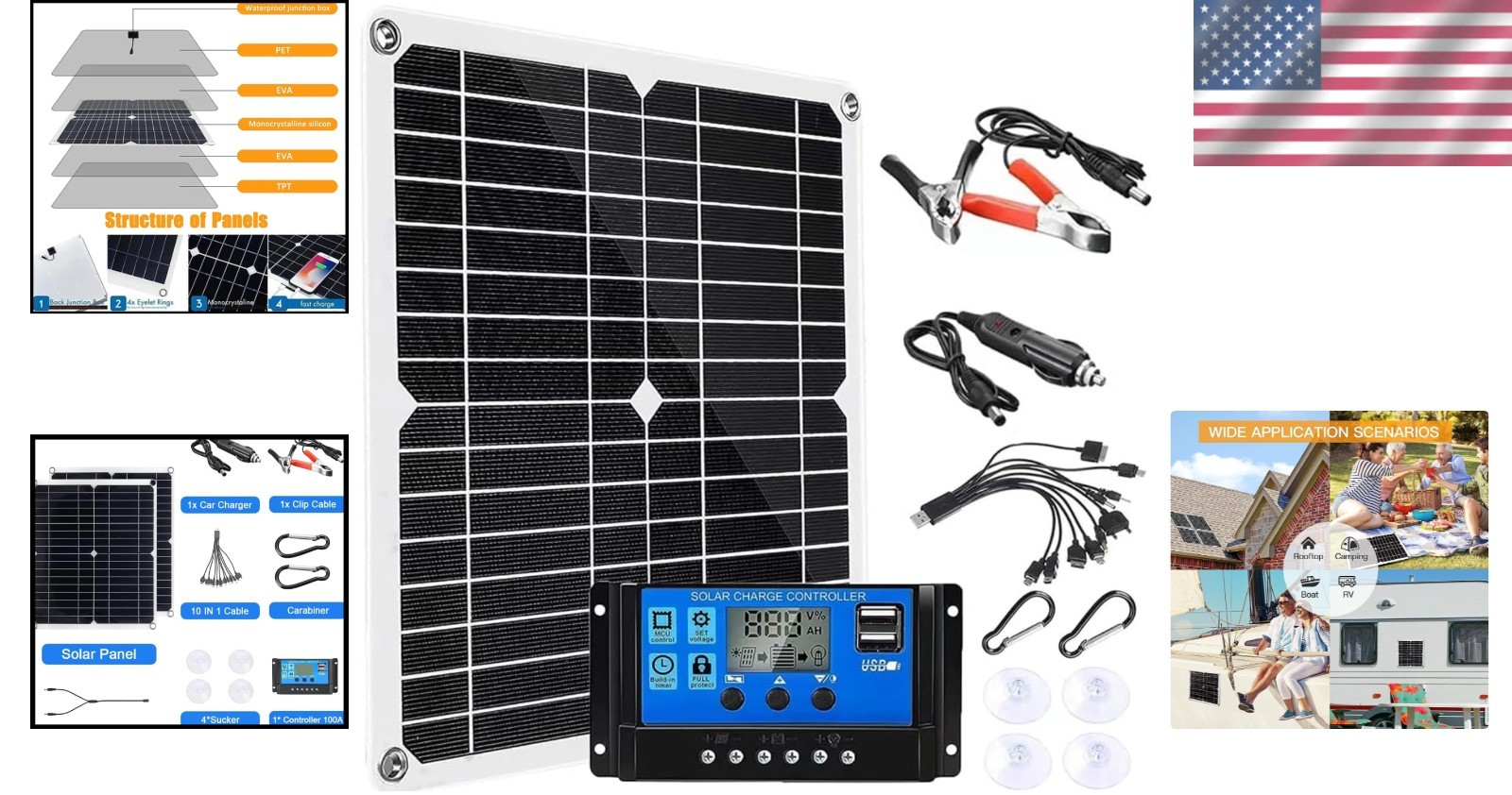 200W Solar Panel Kit with 100A Charge Controller & Extension Cable, Eco-Friendly