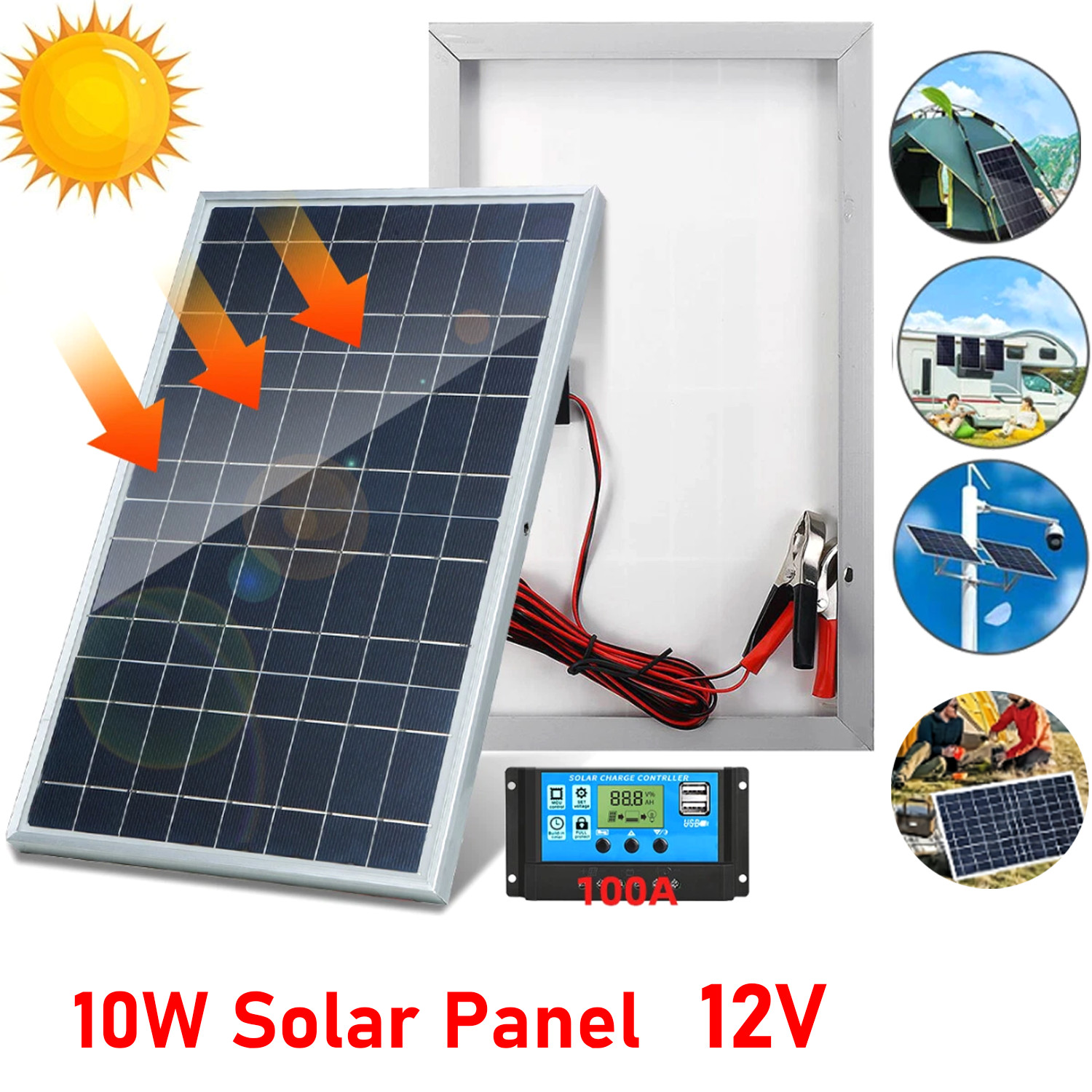 10W Solar Panel 12V Solar Battery Trickle Charger 100A W/ Controller Maintainer