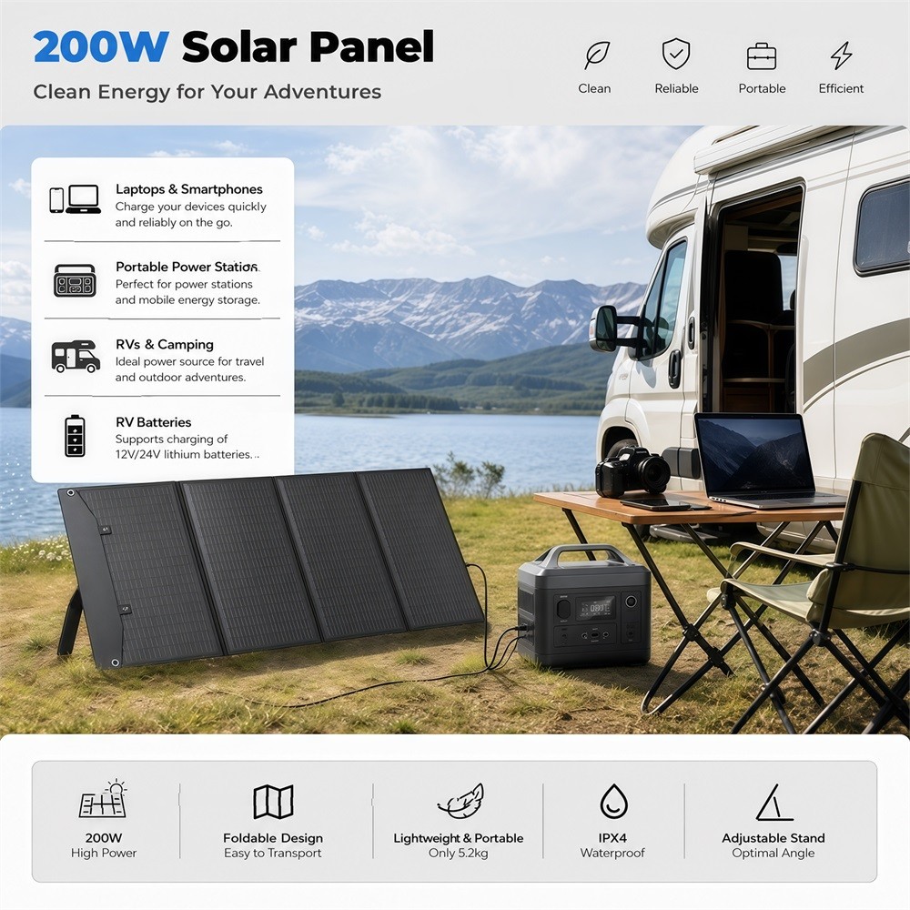 200W Portable Folding Solar Panel Charger Power Station IPX4 for RV Camping Home