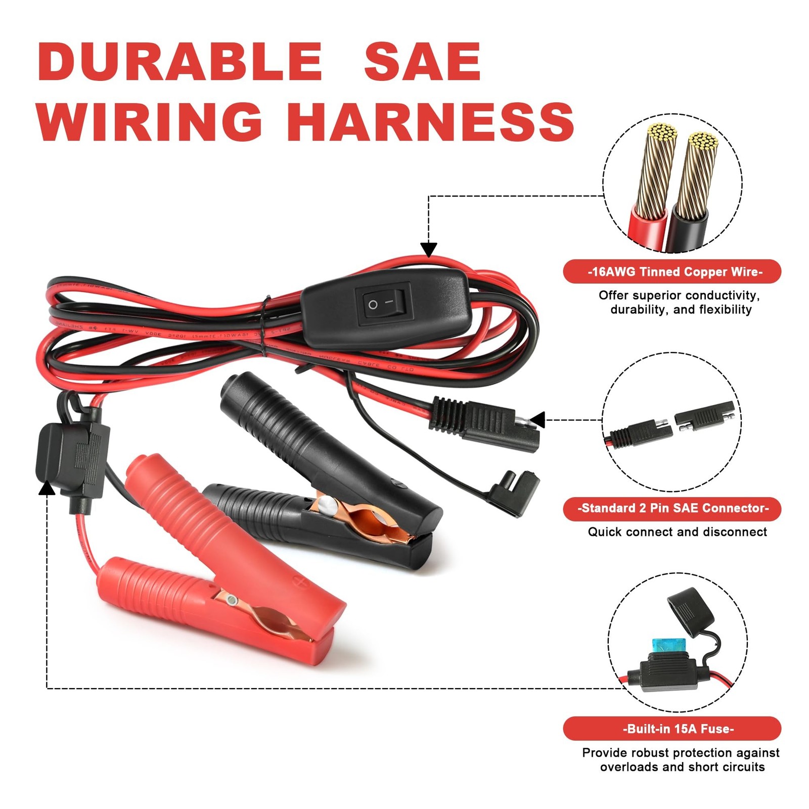 SAE Battery Alligator Clips Wire Harness with On/Off Switch 7.9ft/2.4m 16AWG,…