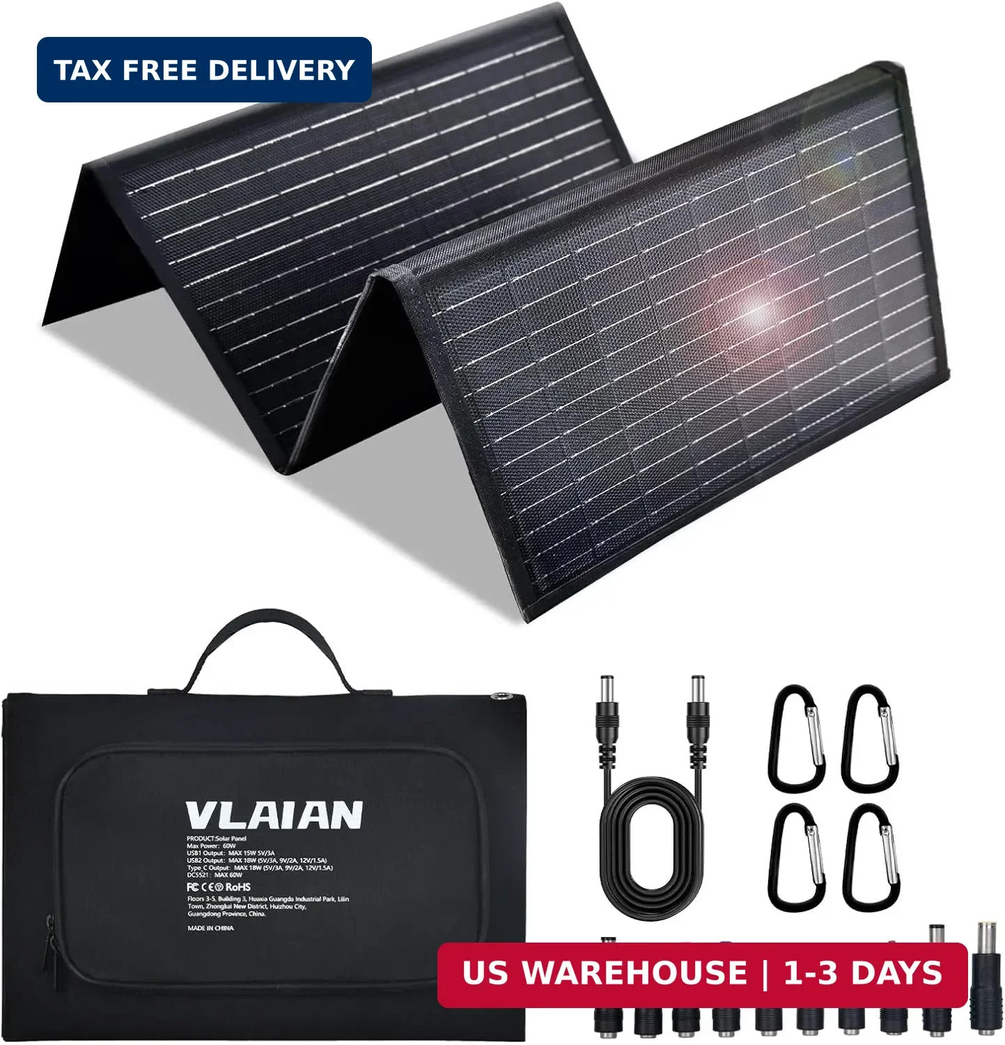 60W Portable Solar Panel,60 Watt Foldable Solar Panels Chargers with QC3.0 USB-A
