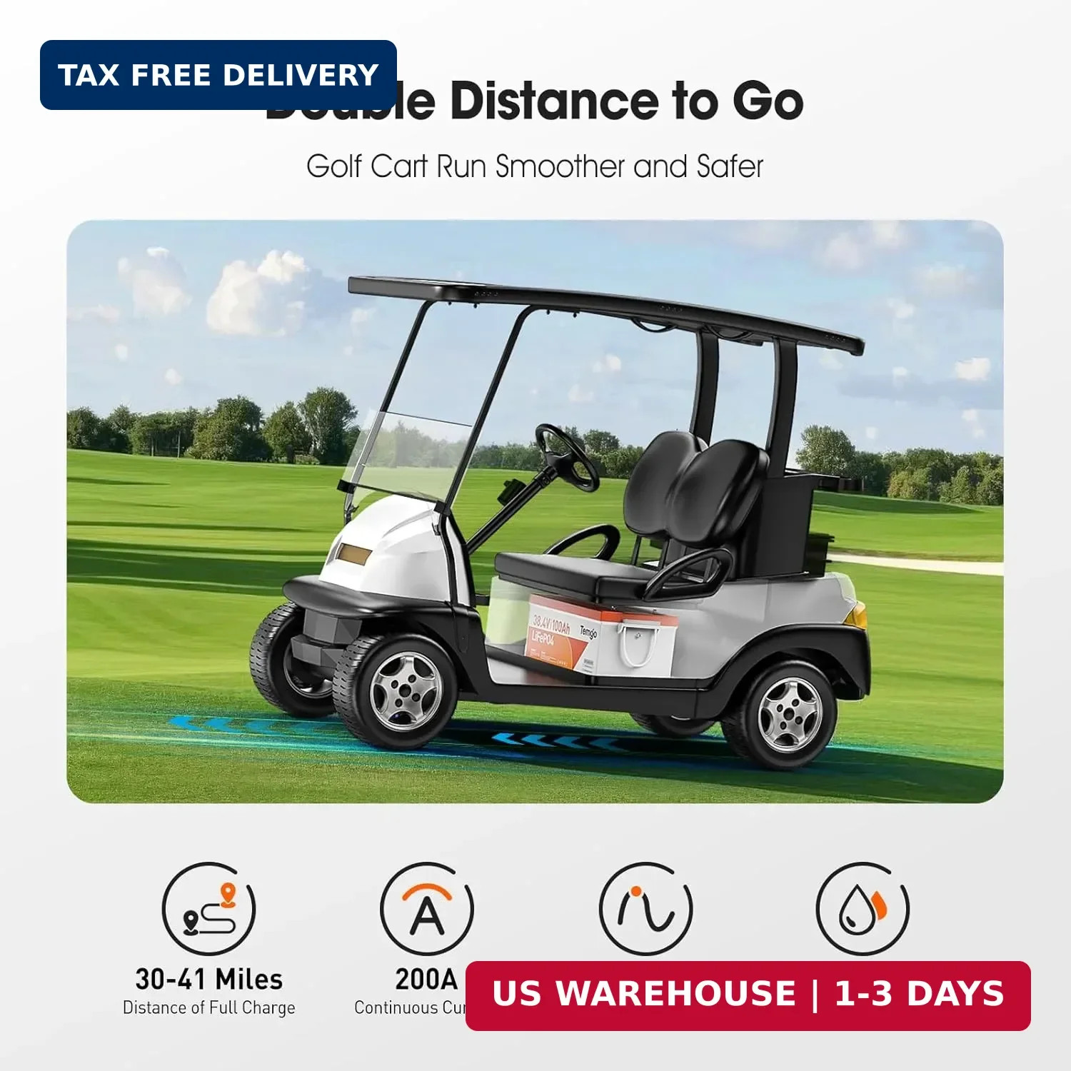 36V (38.4V) 100Ah LiFePO4 Lithium Golf Cart Battery, Built-in 200A BMS, Complete