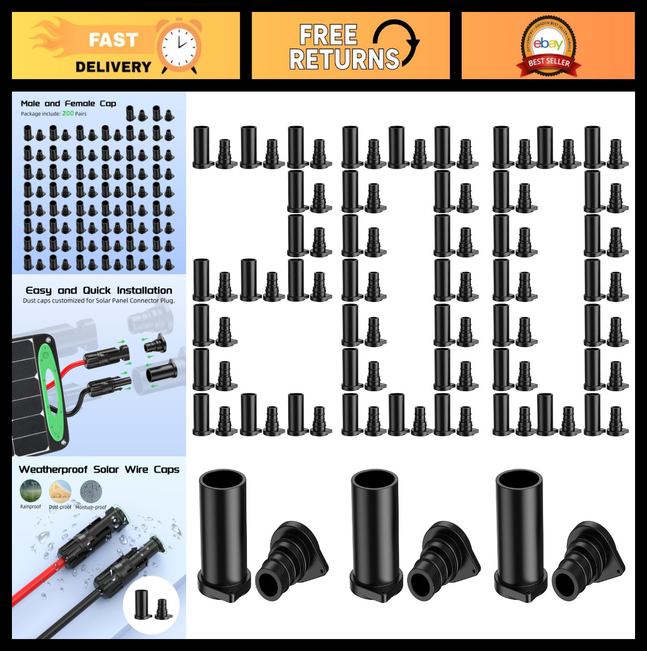 200 Pairs Solar Connector Caps – IP68 Weatherproof Dust Covers for Solar Panels