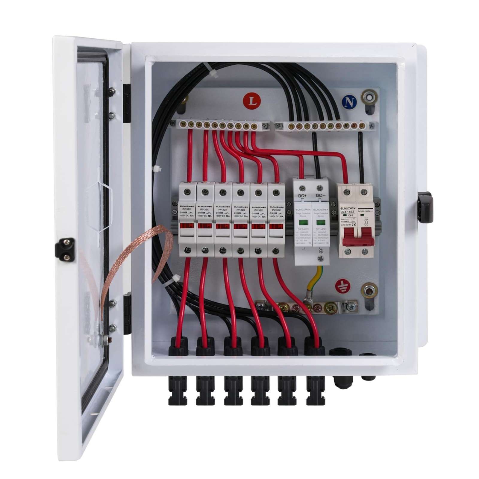 6 String Solar Combiner Box with 20A Fuse, Surge Protection & 63A Breaker