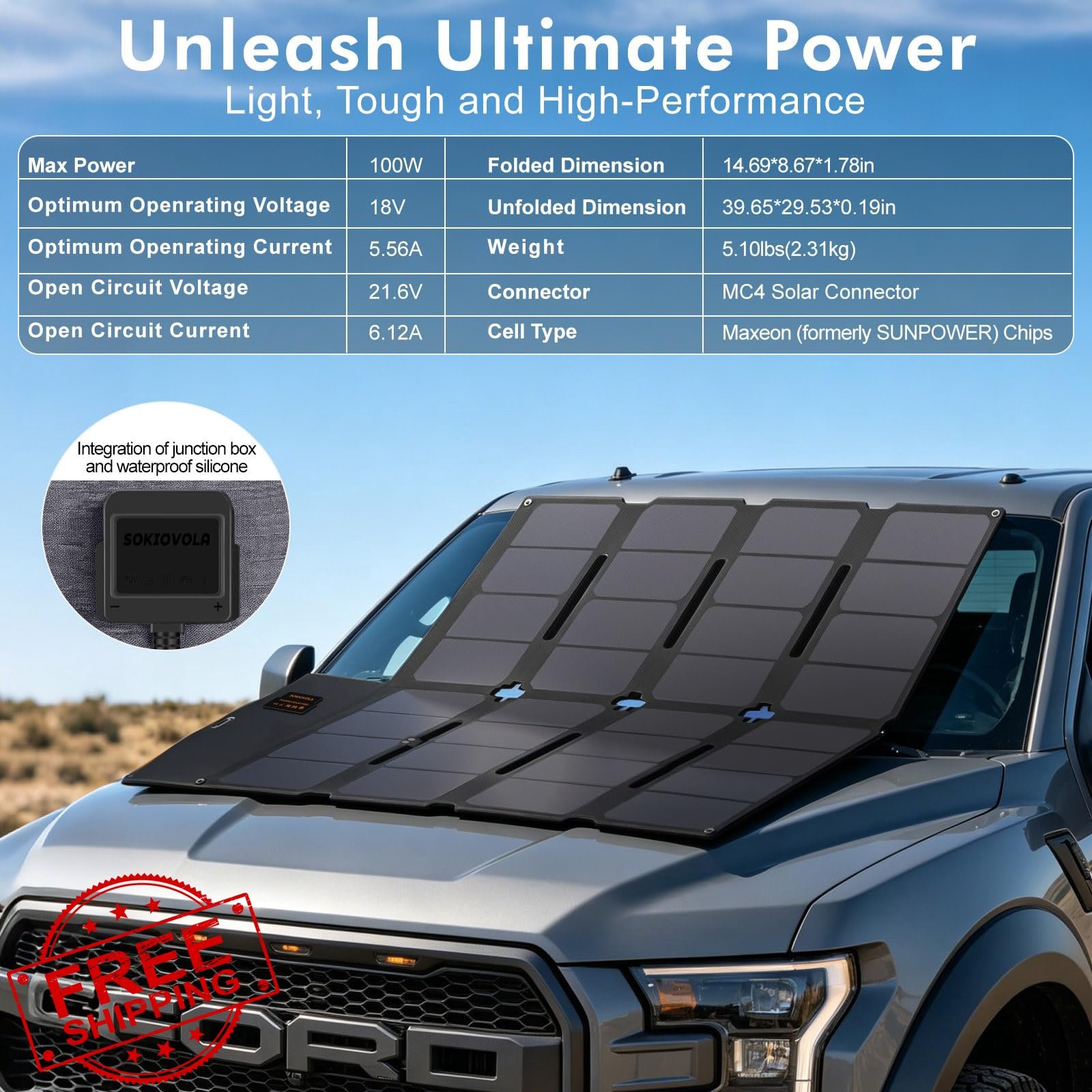 SOKIOVOLA 100W Portable Solar Panel Silver Grey