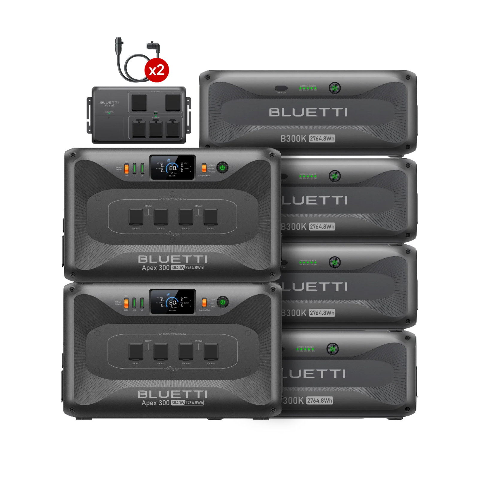 BLUETTI QTY 2 Apex 300 Power Station 8294.4Wh+QTY 4 B300K + Hub A1 With 2 Cables