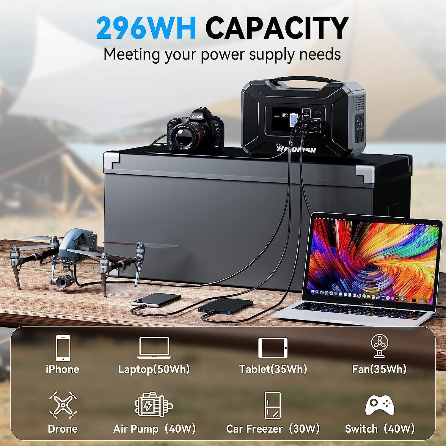 Portable Power Station, 300Wh Outdoor Backup Lithium Battery Solar Powered