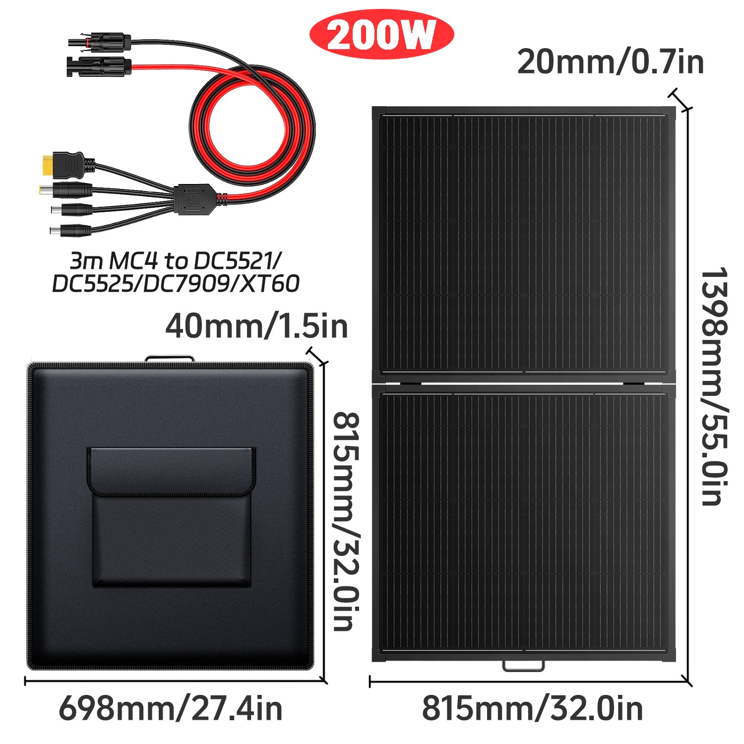 200W Portable Solar Panel ETFE Foldable Solar Charger for Power Station Charging