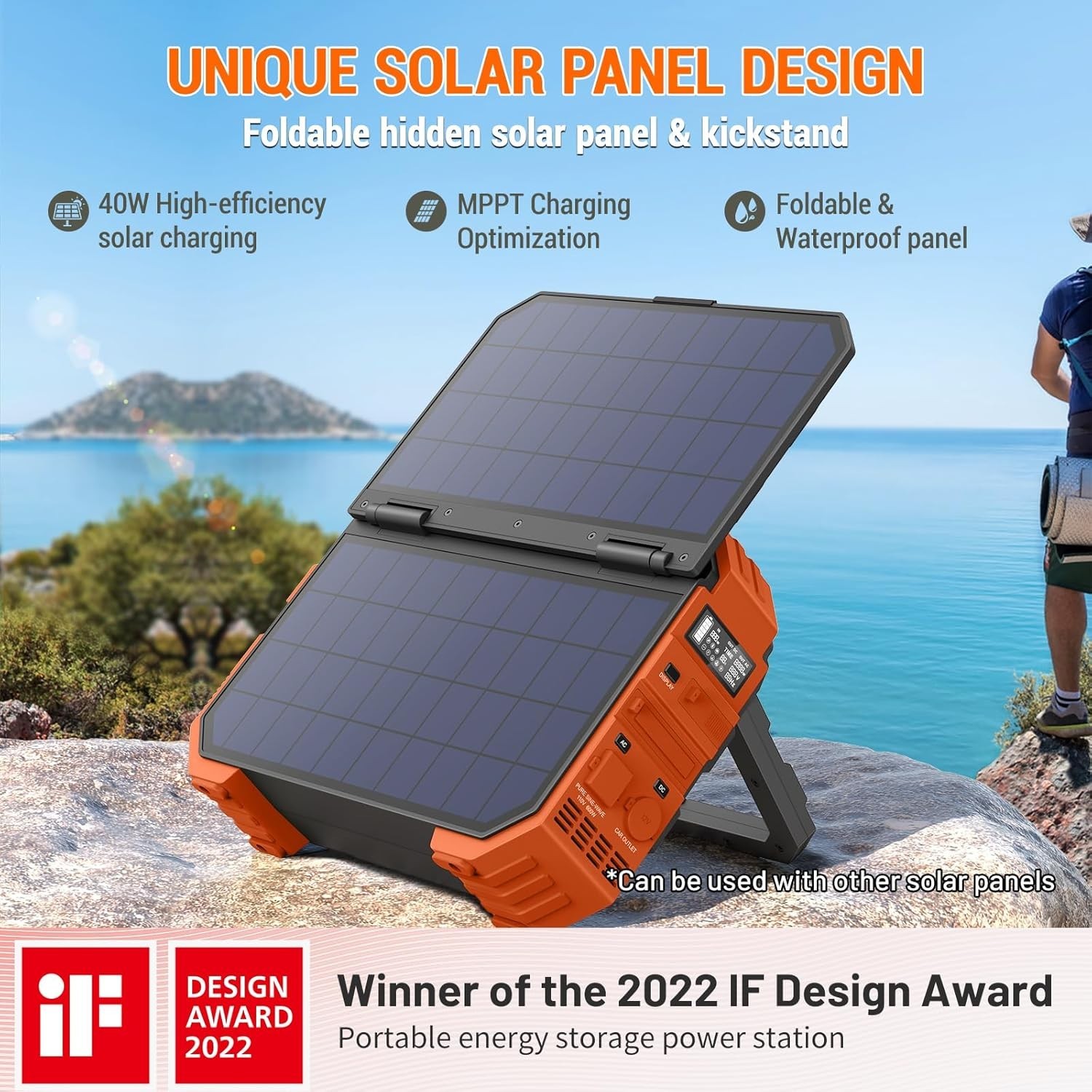Portable Power Station 1000W with Built-in Solar Panel, 614WH/192000mAh LiFePO4