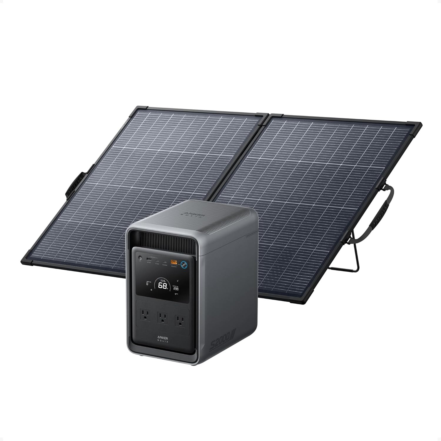 Anker SOLIX S2000 Portable Power Station with 200W Bifacial Solar Panel, 1,500W