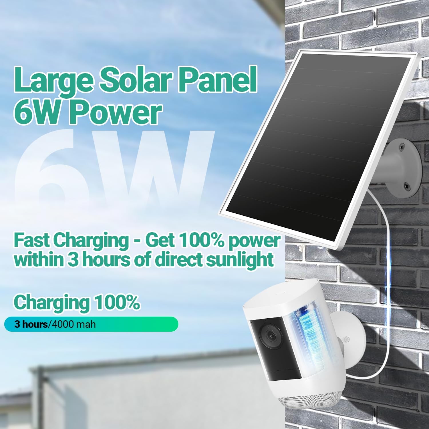 6W Solar Panel for Camera Barrel Plug 16ft USB-C Cable Waterproof 16ft Cable