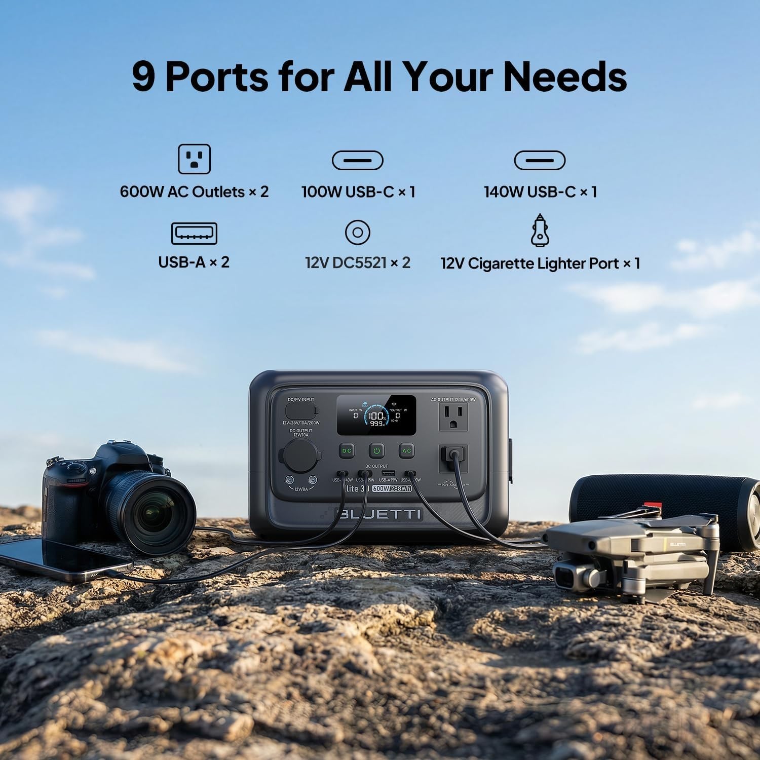 Portable Power Station 288Wh LiFePO4 Battery 600W 1500W Surge Power Emergency