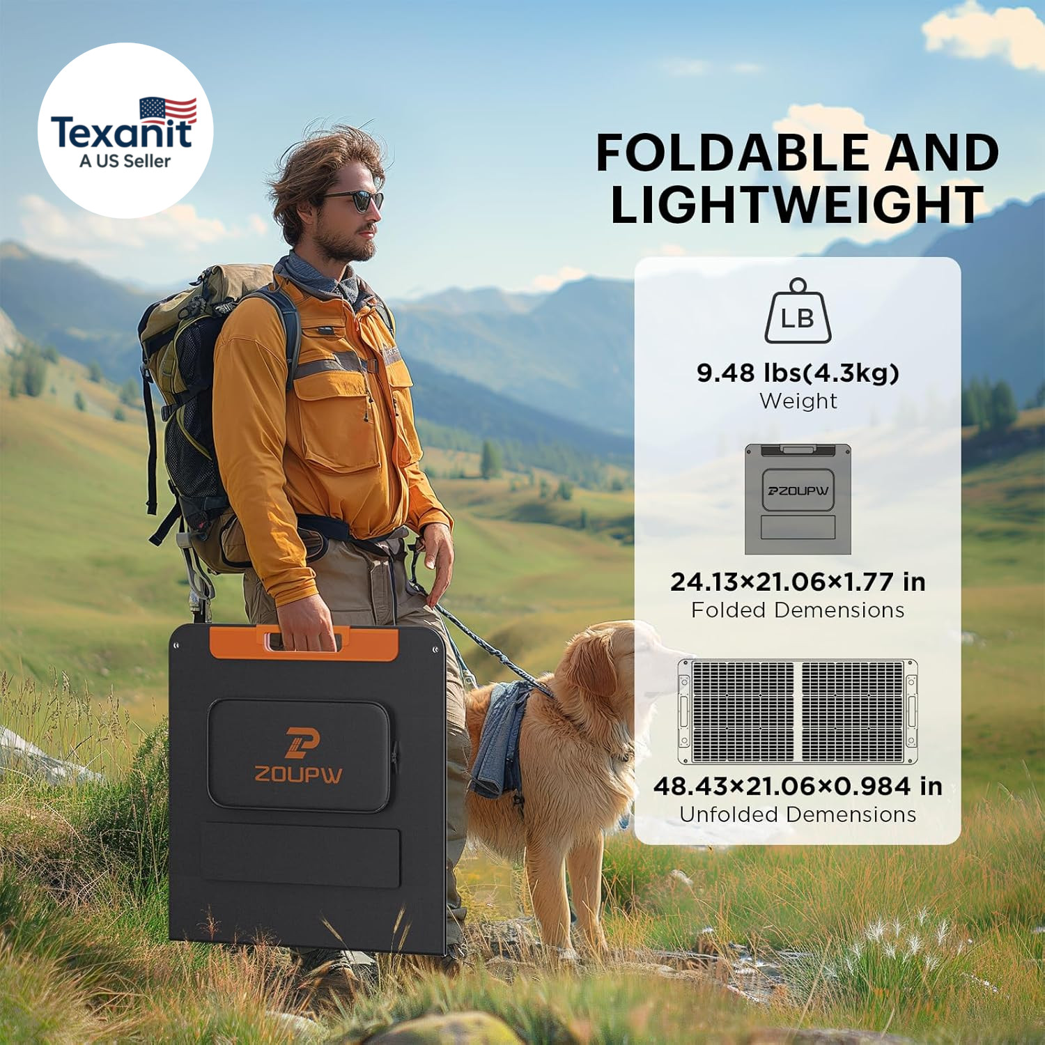 100W Portable Solar Panel with Solar Angle Guide,23.5% Efficiency Foldable Solar