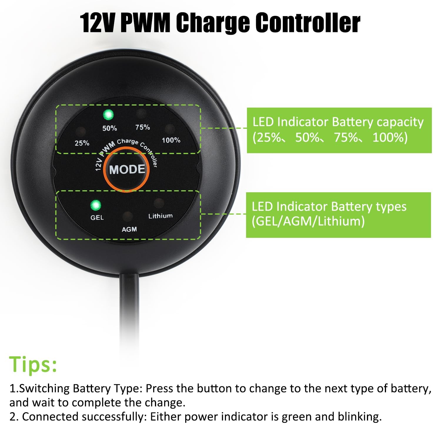 50W 18V Solar Panel with Built-in 12V PWM Controller + SAE Connection Cable 2…