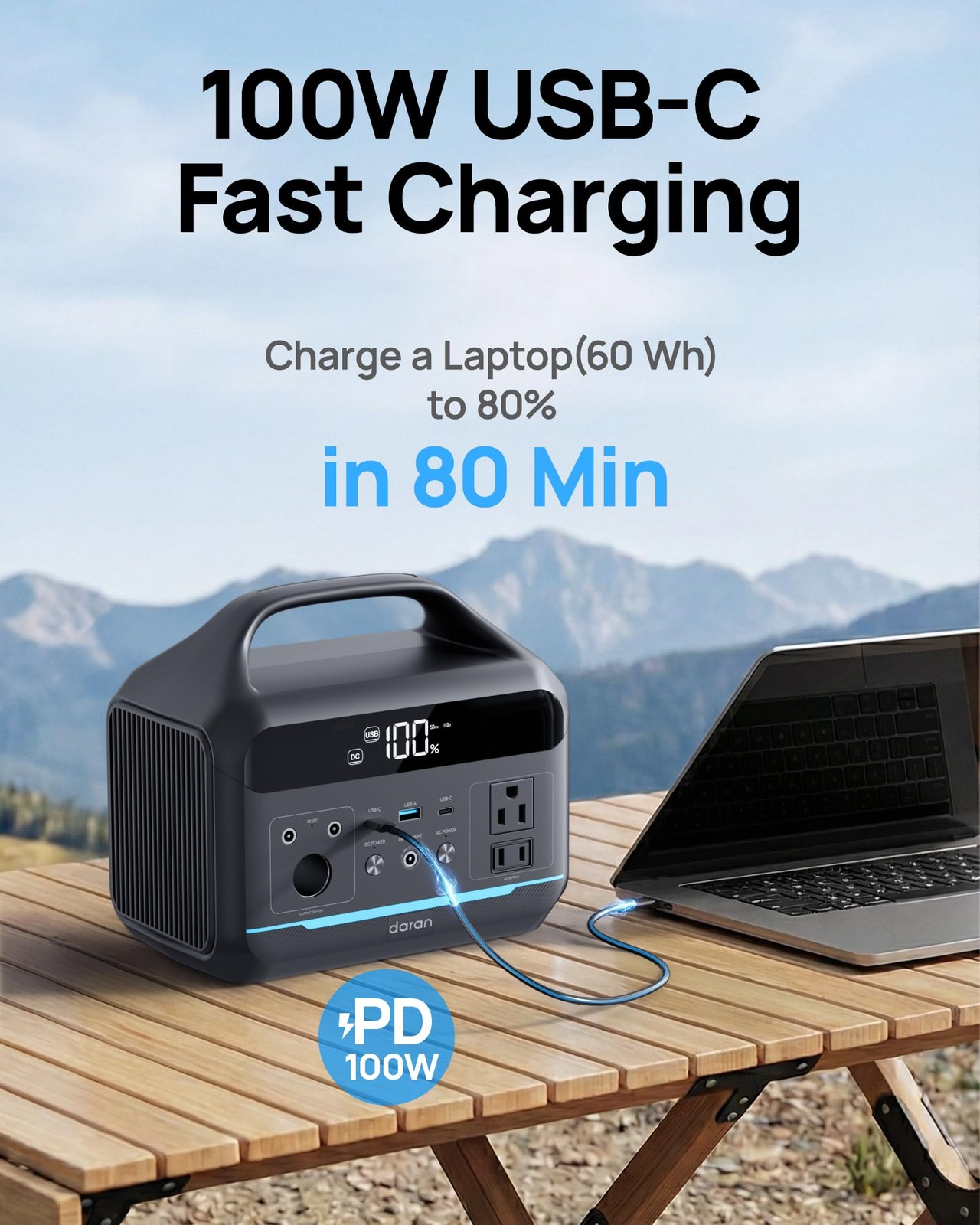 DARAN Portable Power Station 600W(1200W Surge) 288Wh Solar Generator LiFePO4