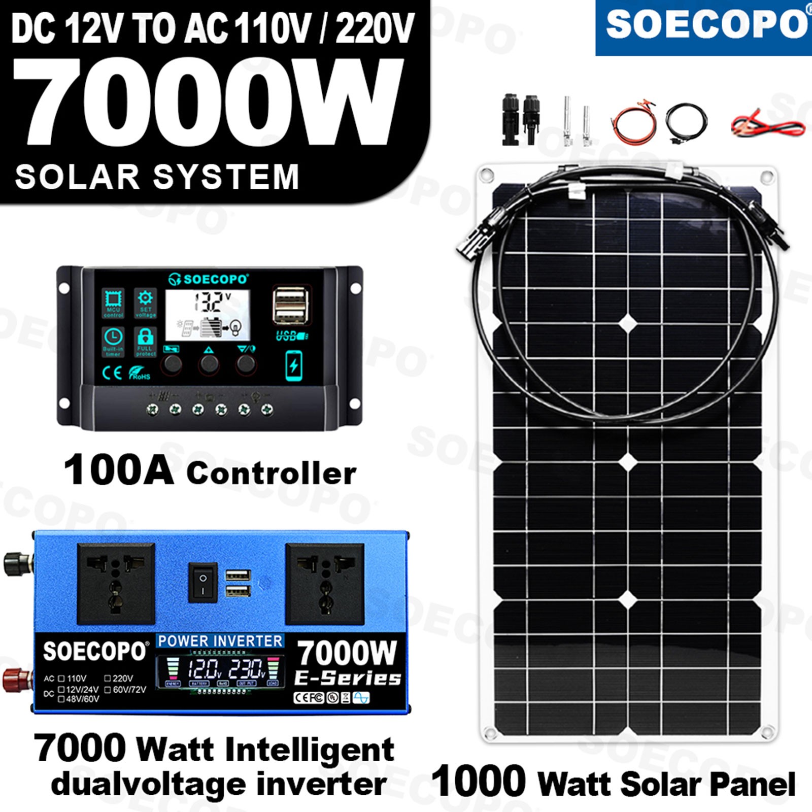 7000W Peak Solar System Kit Flexible Panel DC12V24V AC110V/220V Inverter 100A