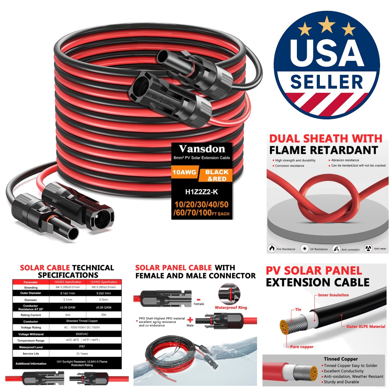 10AWG 30ft Waterproof Solar Cable for RV & Photovoltaic Systems – Easy Connect