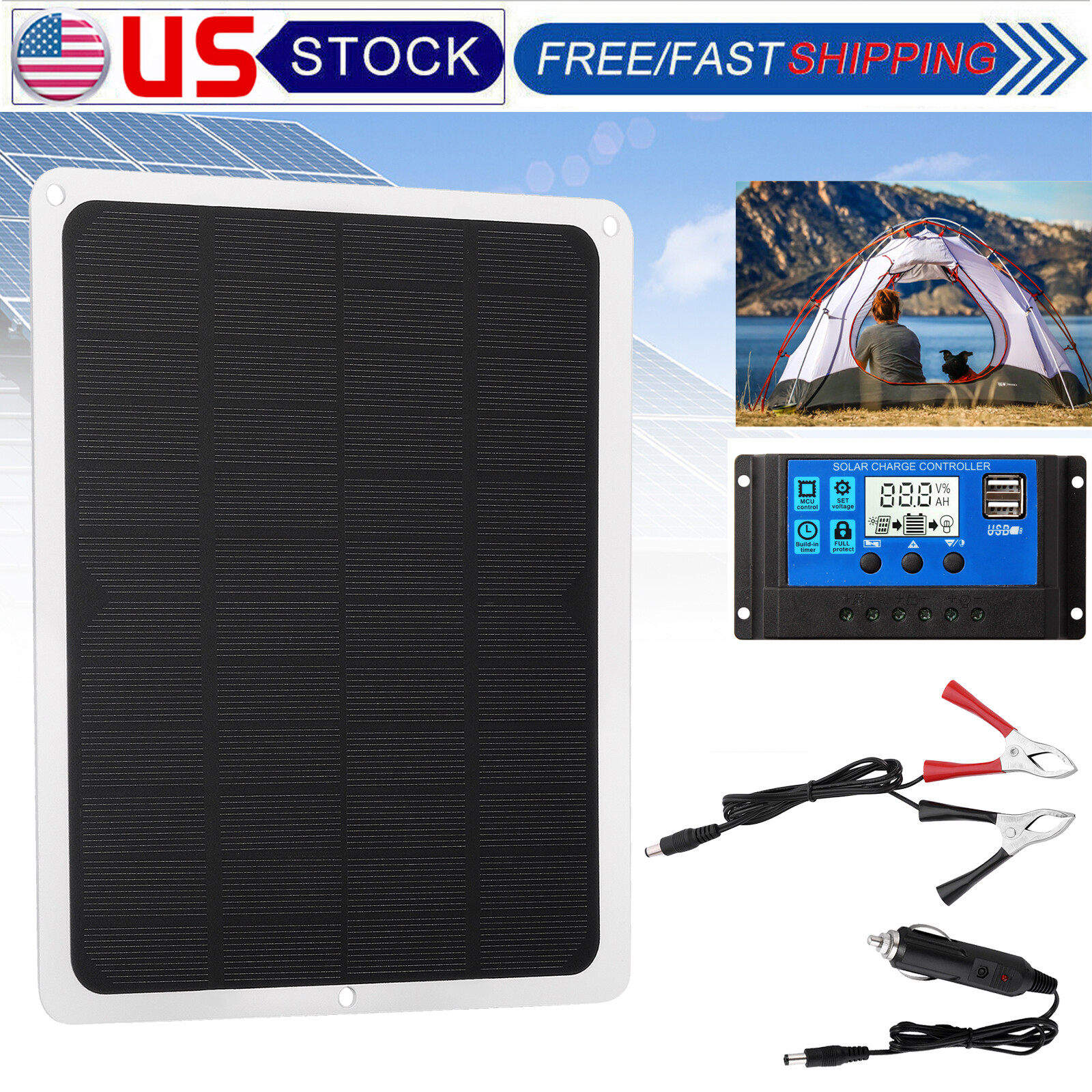10W Solar Panel 12V Trickle Charger Battery Charger Kit Maintainer Boat RV Car