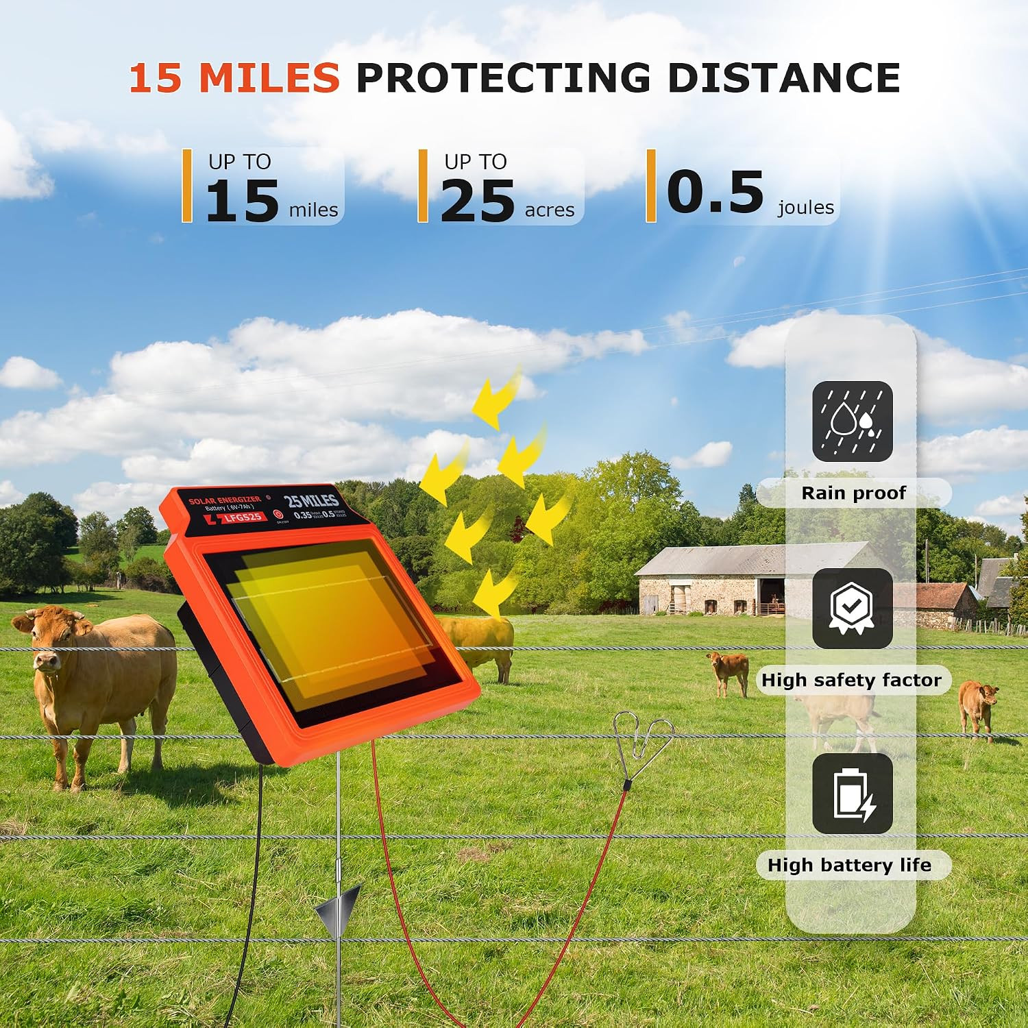 LFGS25 Solar Electric Fence Charger, 25 Miles Solar Charger,0.5J Portable Powere